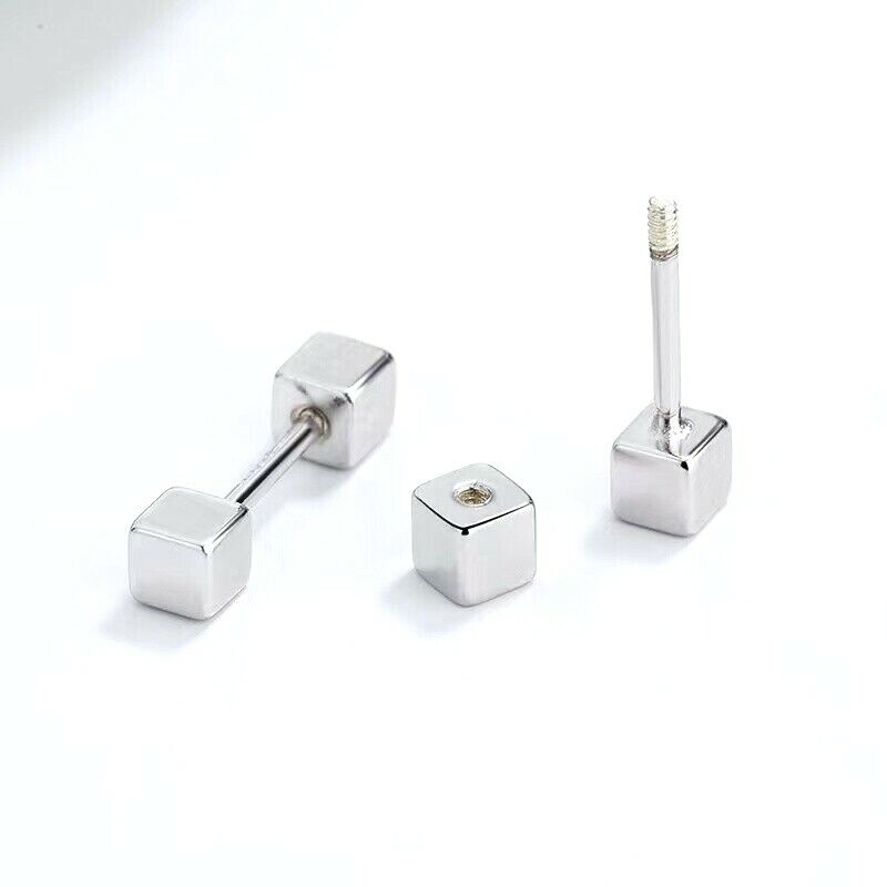 Womens Tiny 3D Cube Screw Back Stud Earrings Minimalist Jewelry Surgical Steel