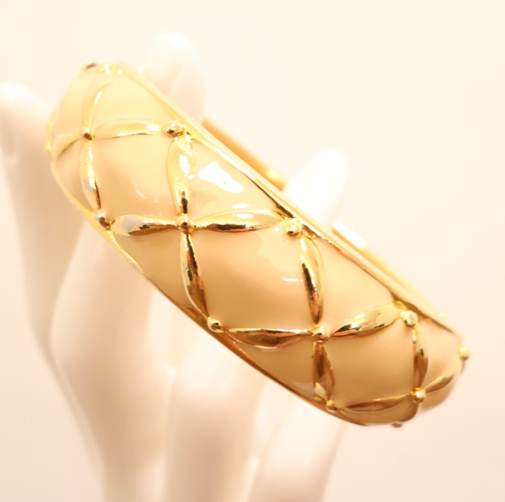 Joan Rivers bracelet enamel hinged cuff beige gold plated signed hinged 6.75 in