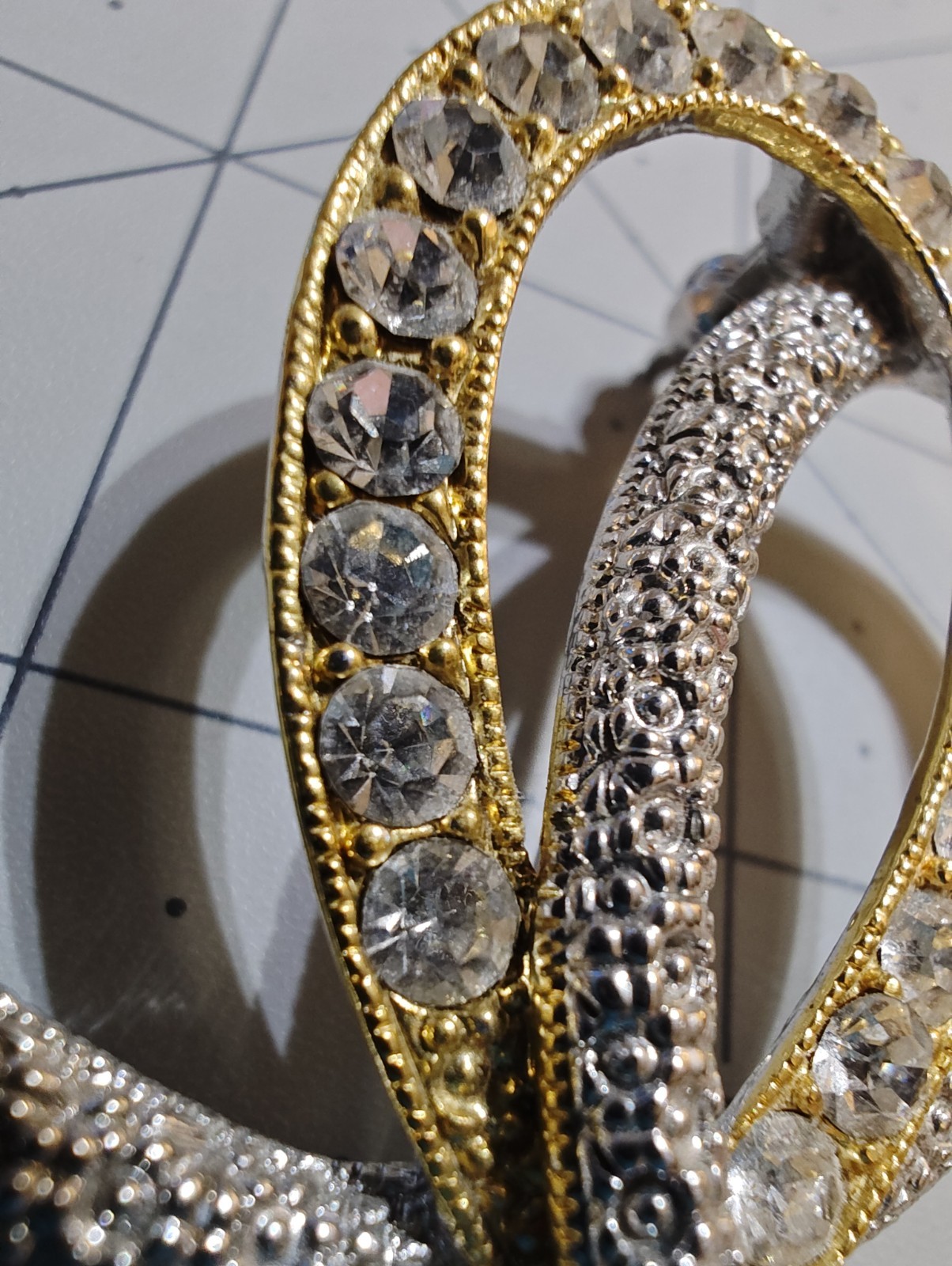 Ribbon Brooch Pin Gold & Silver Tone Clear Round Rhinestones 2.25 in