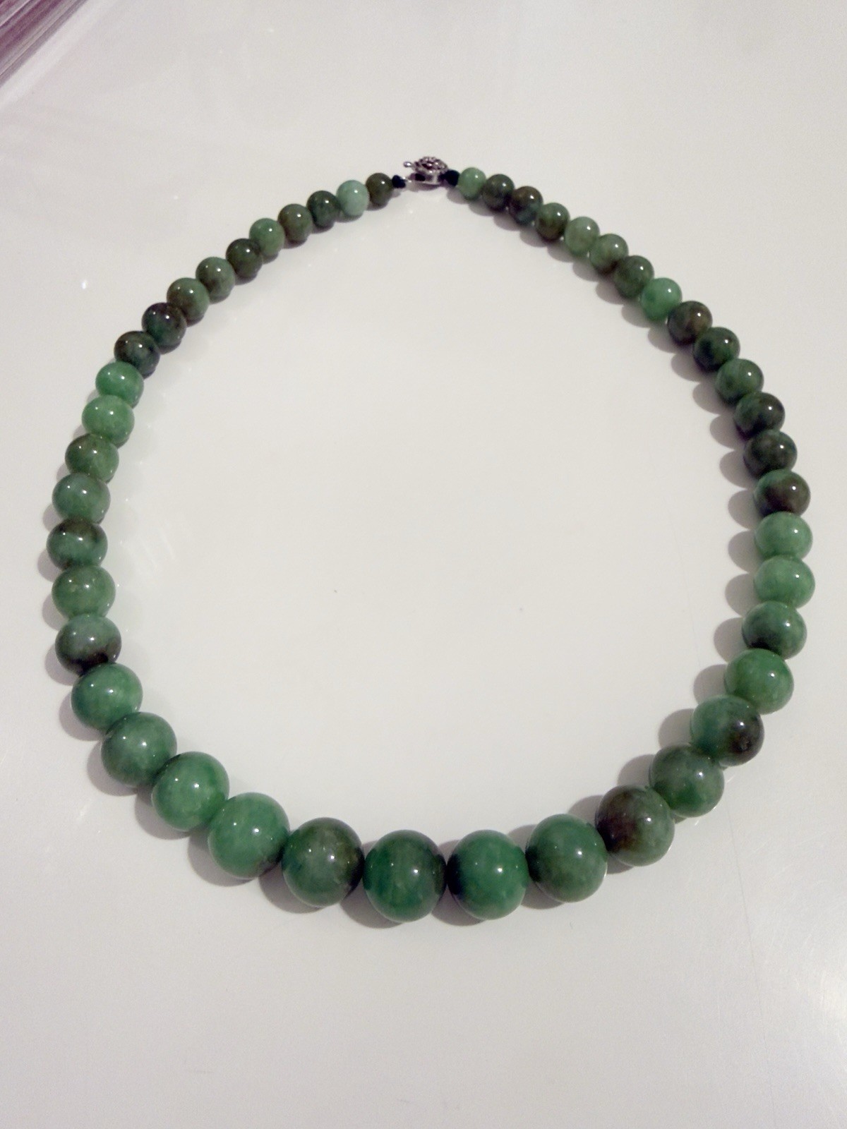 Natural Dark Green Jade Bead Strand Necklace Graduated Jadeite Round Beads 18″