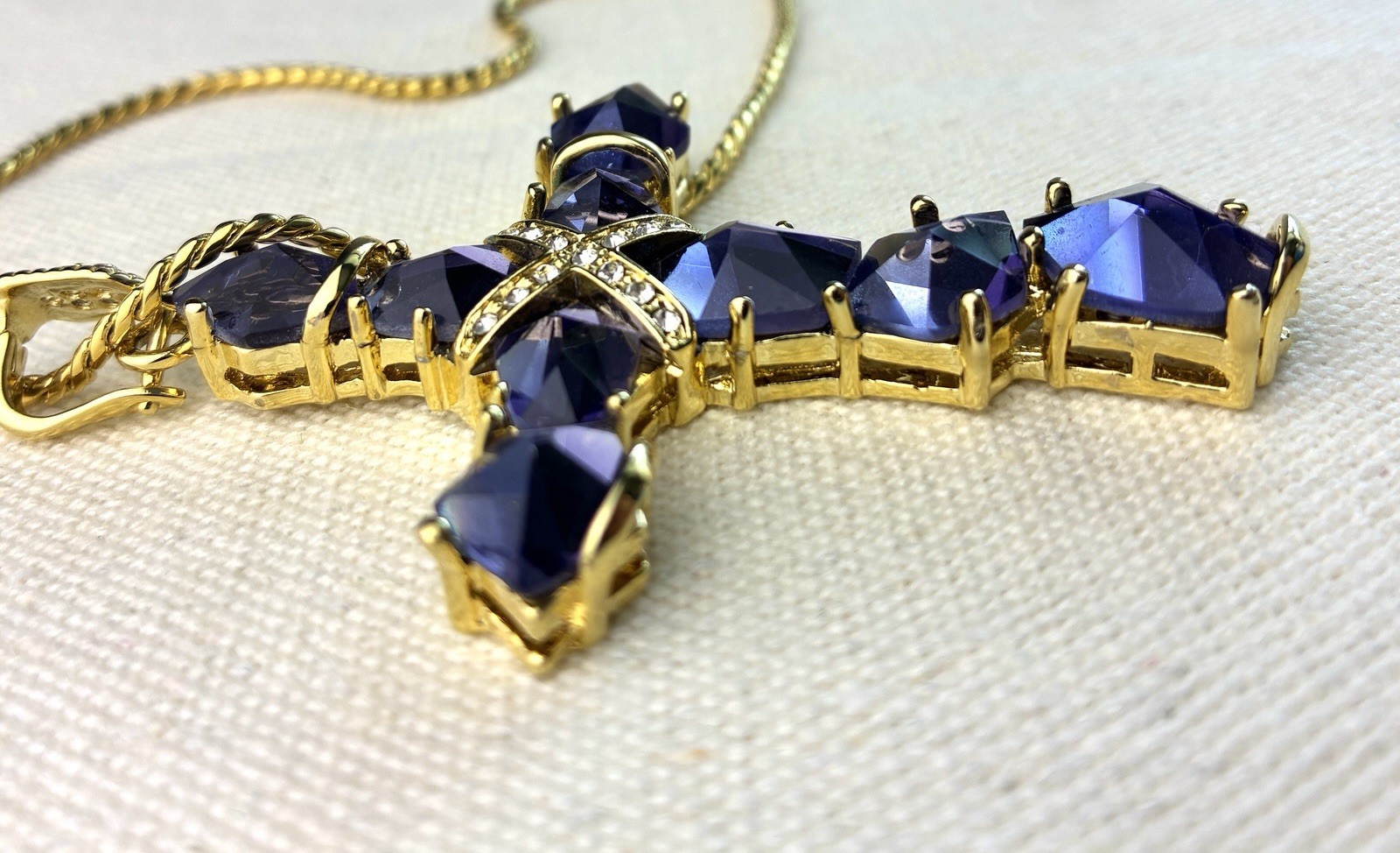 Real Collectibles Adrienne Amethyst Crystal Cross Necklace Gold HSN Box & Card