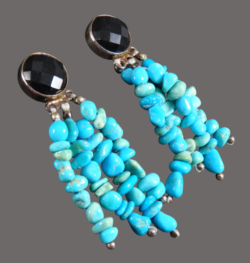 STERLING SILVER Dangle Fringe Earrings BLUE TURQUOISE BEADED Black Faceted Top