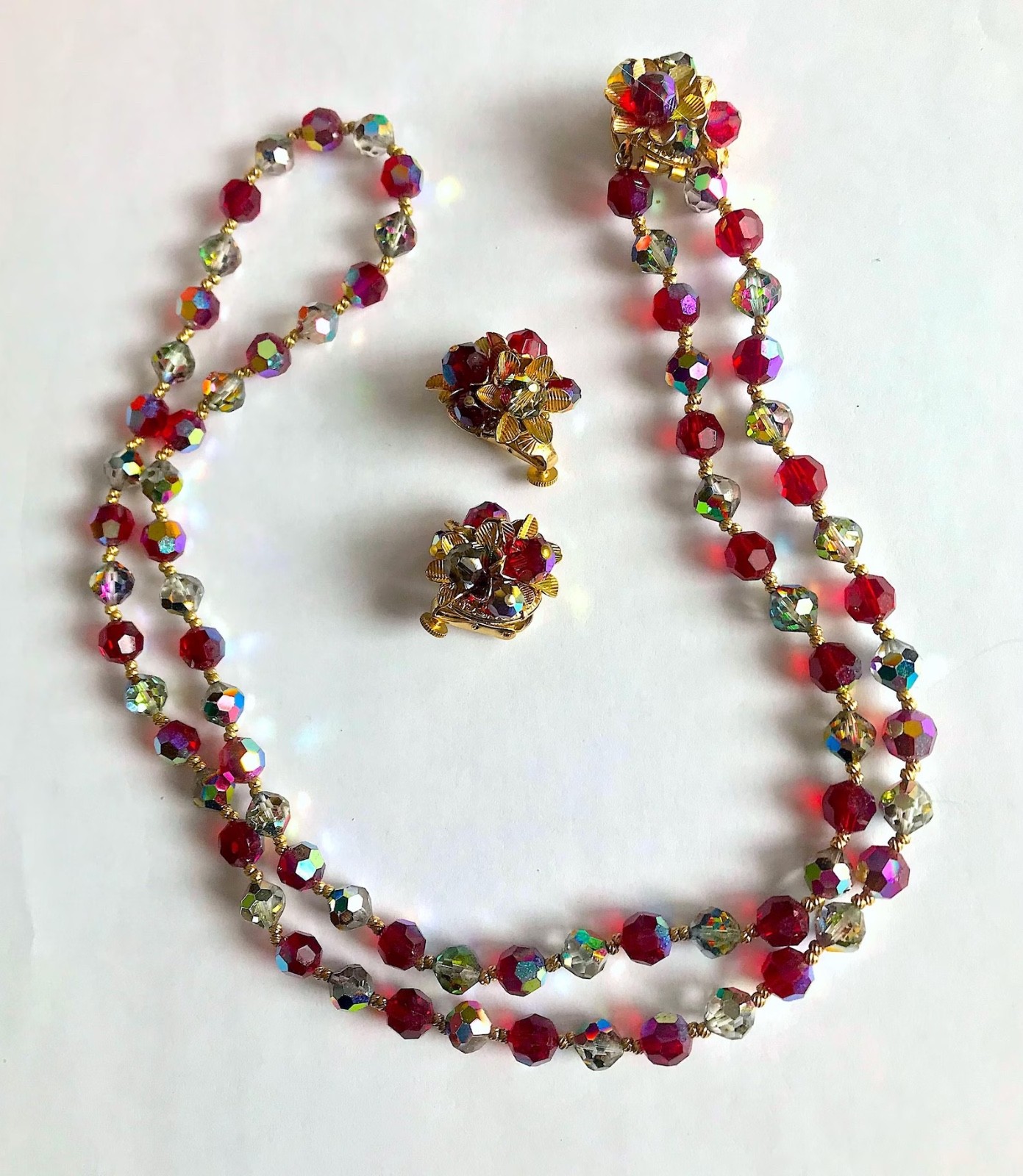 Vendome Signed Beaded Necklace And Matching Clip On Earrings Red Iridescent