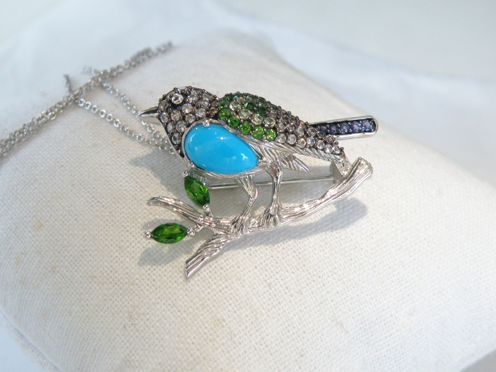 Victoria Wieck Sterling Silver 925 Turquoise Gemstone Bird Brooch Slide Necklace