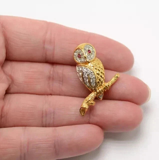 1.4Ct Round Cut Lab Created Diamond Owl Womens Brooch Pin 14K Yellow Gold Plated