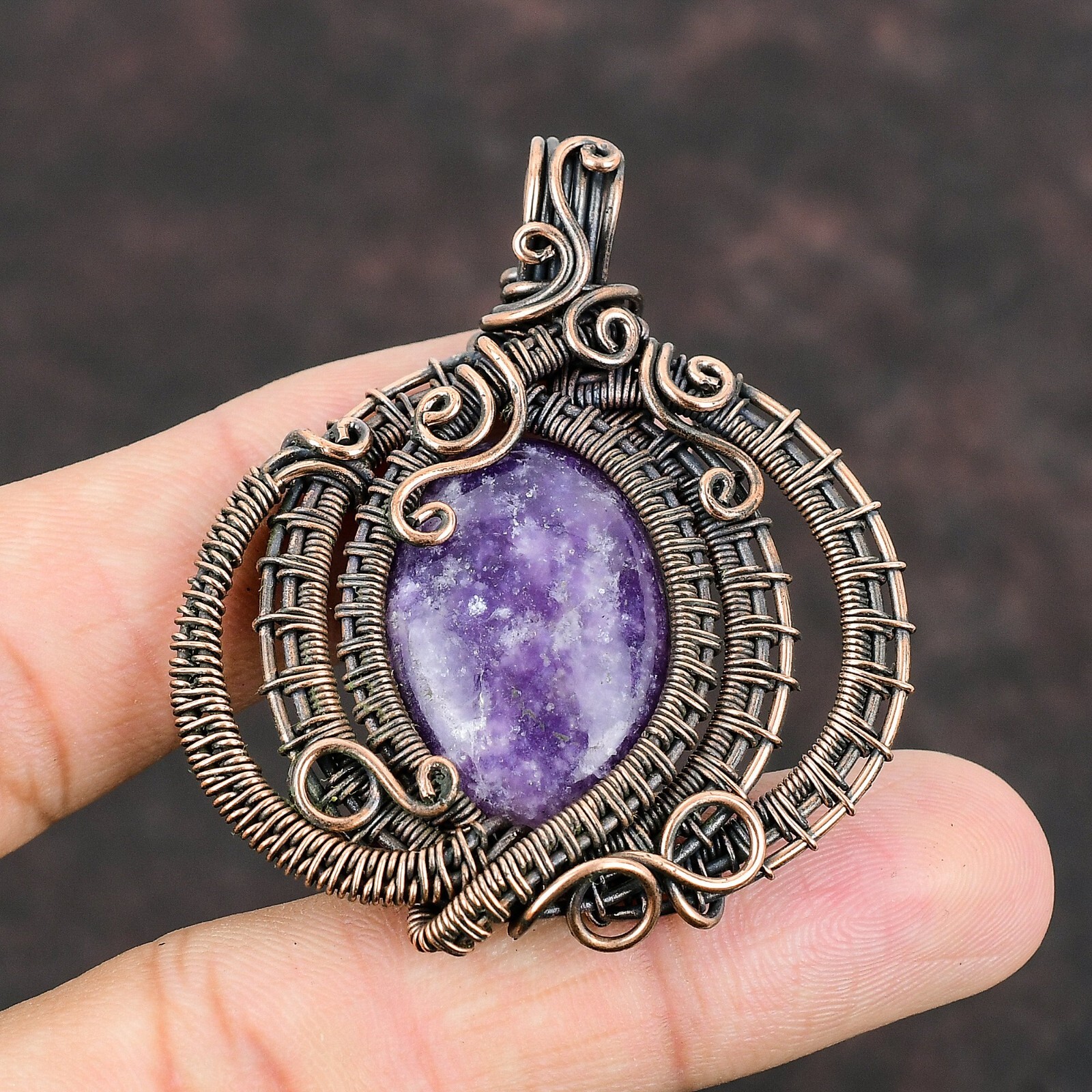 Lepidolite Wire Wrapped Pendant Handcrafted Copper Unique Gift 2.24″