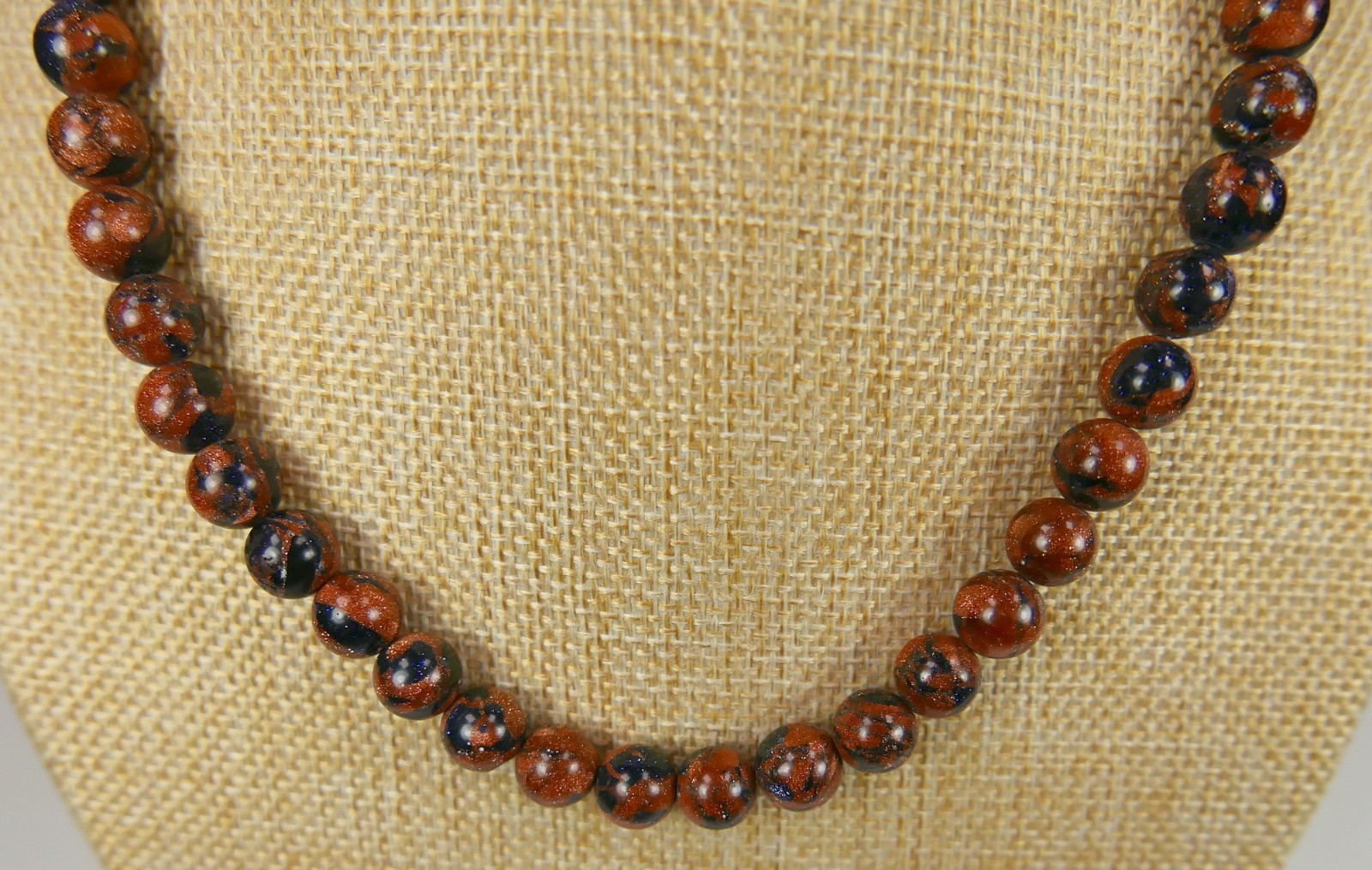 Beaded Blue and Red Goldstone Gemstone Necklace Great Quality 18″