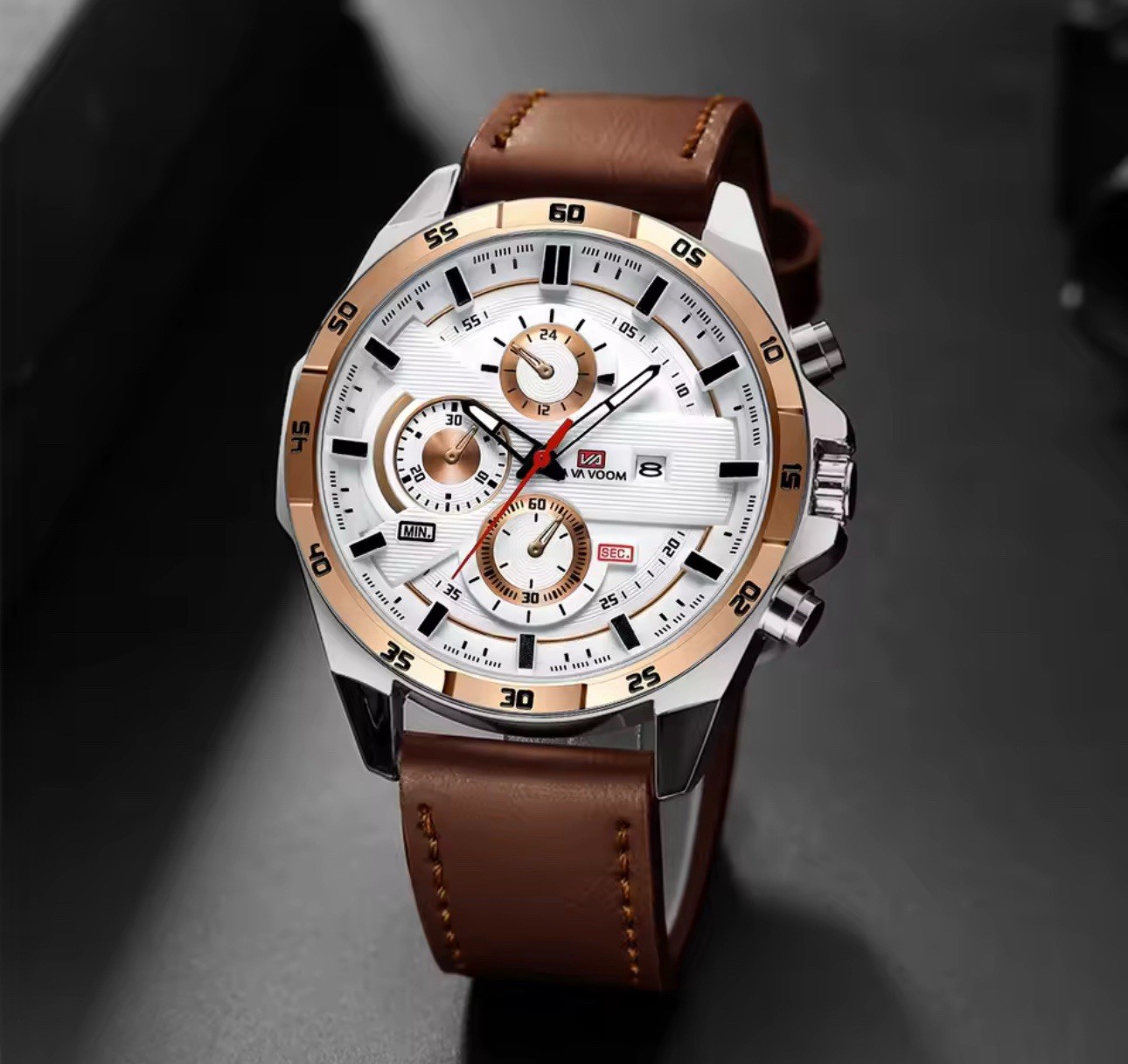 VAVOOM Men’s Quartz Chronograph Watch Date Analog 44-47.9mm Leather/SS