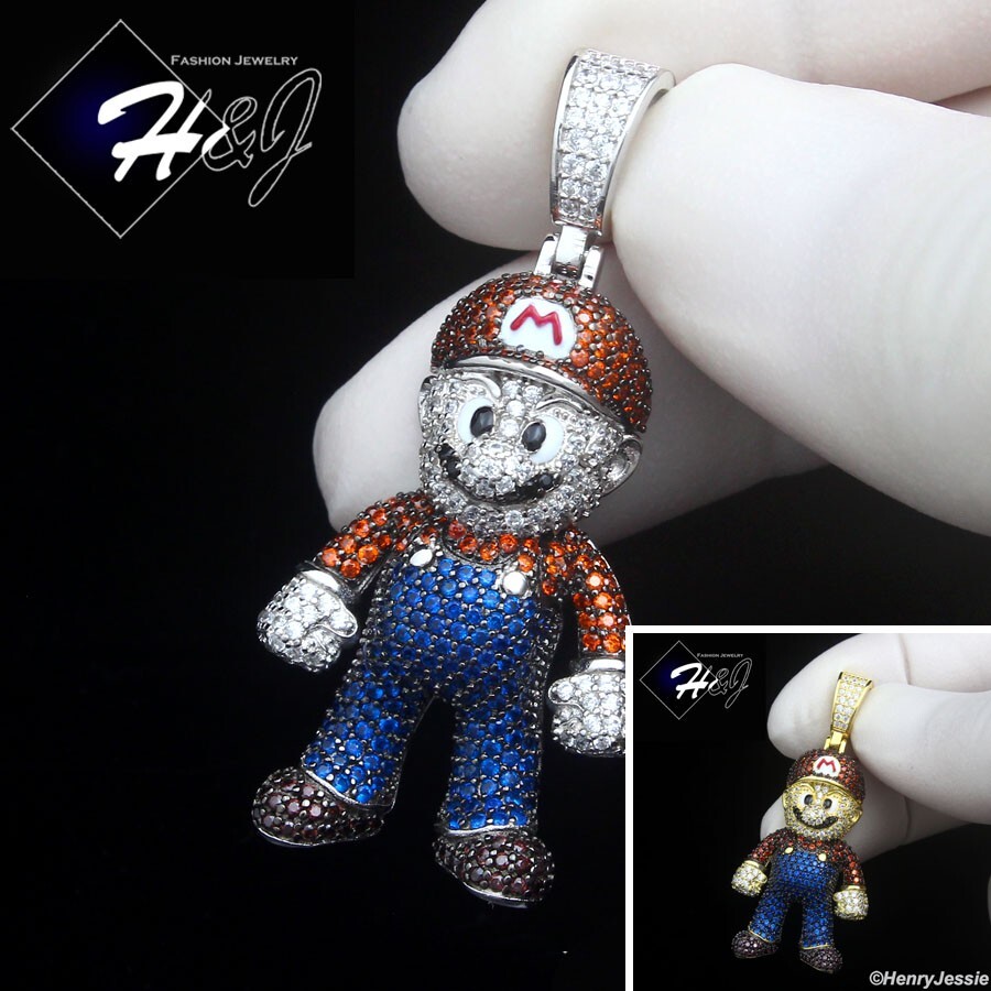925 STERLING SILVER ICY CZ GOLD PLATED/SILVER HIPHOP 3D SUPER MARIO PENDANT*P499