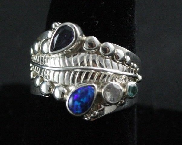 Sajen Opal, Blue Topaz, Iolite, White Topaz .925 Sterling Silver Ring Adjustable