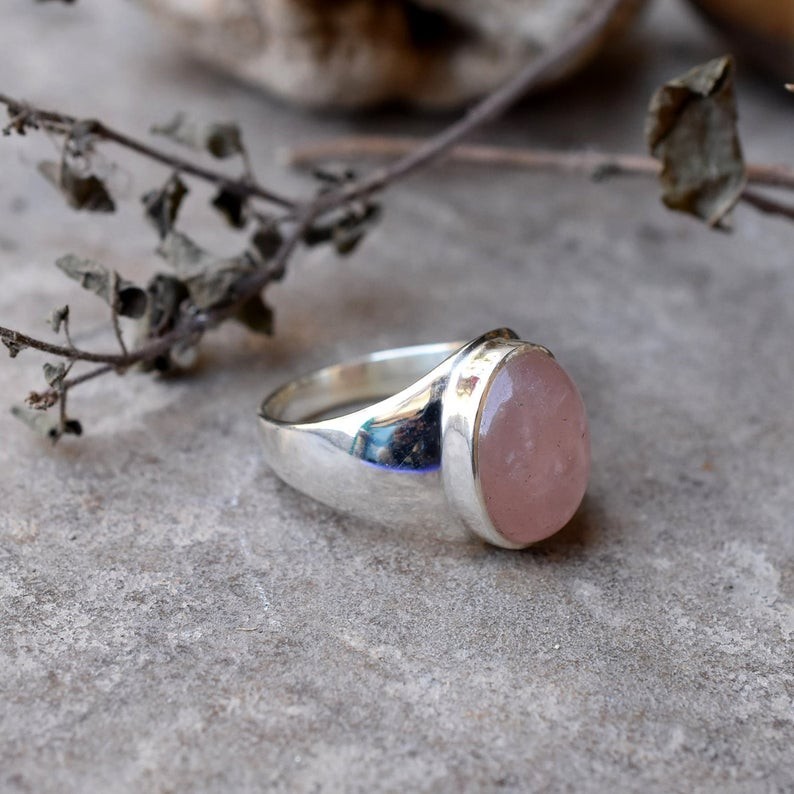 Solid 925 Sterling Silver Natural Rose Quartz Gemstone Signet Men’s Unisex Ring