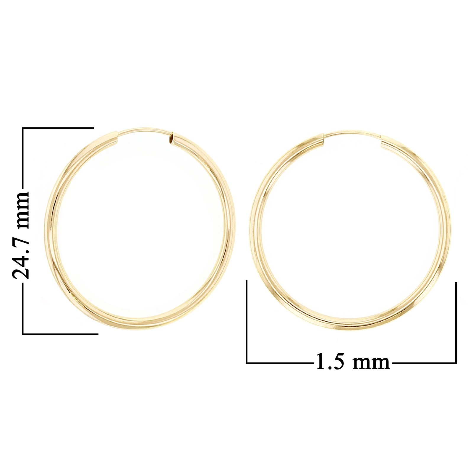 Italian 14k Yellow Gold High Polish Round Endless Hoop Earrings 24.7mm x 1.5mm