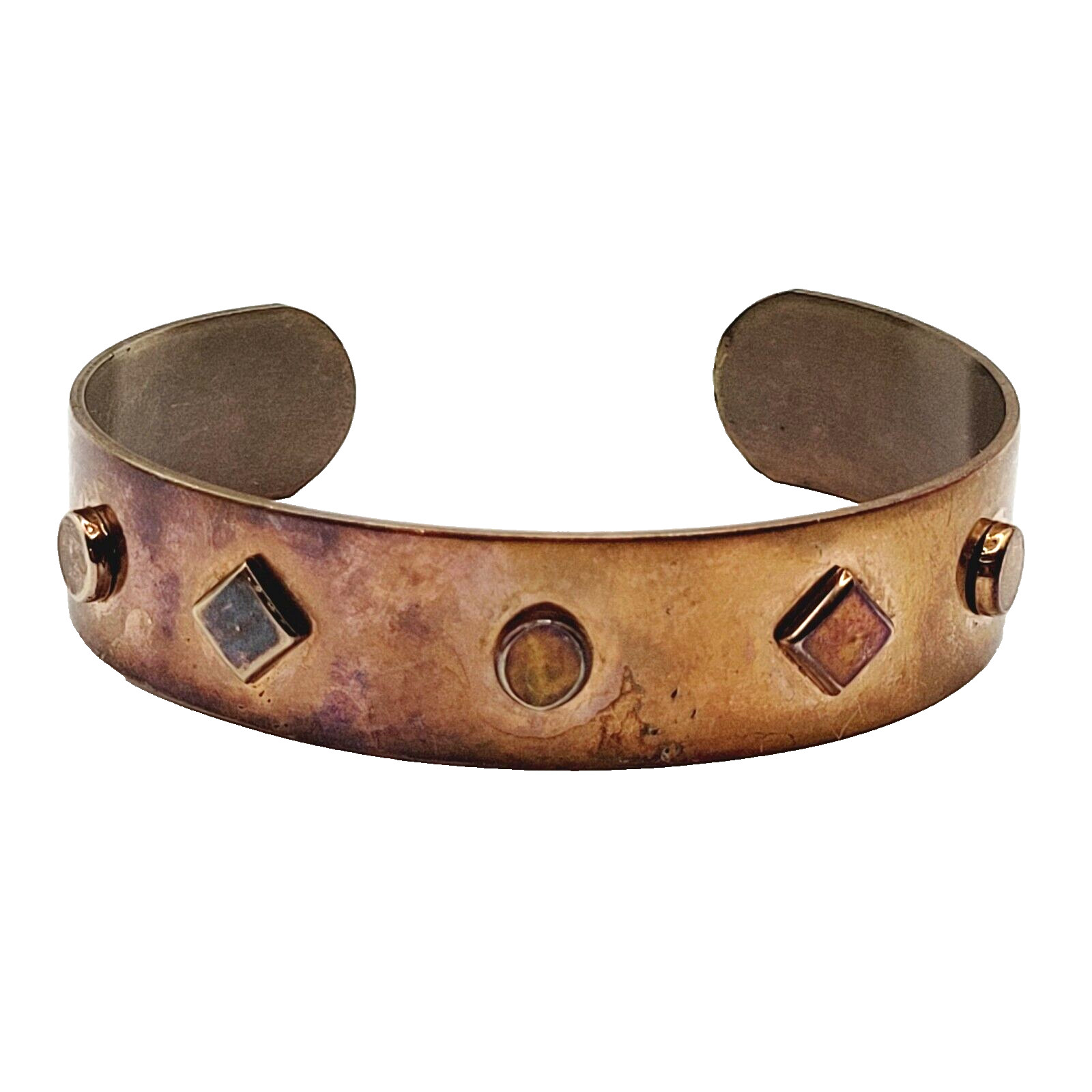 Copper Cuff Artisan Signed Diamond & Circle Rivets Vintage Bracelet with Wear