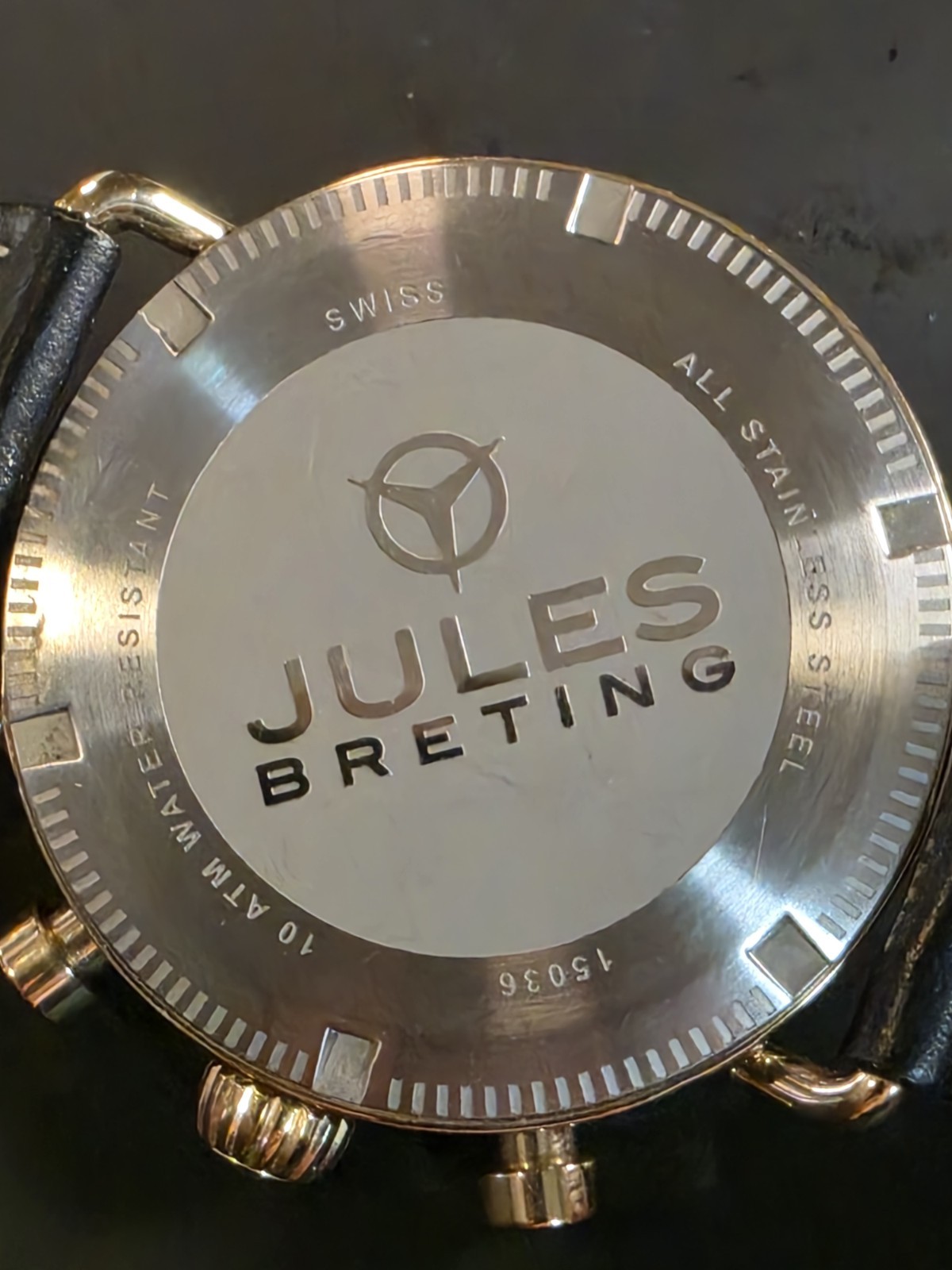 Jules Breting Quartz Chronograph Date 10 ATM Black Dial Gold Case 47mm