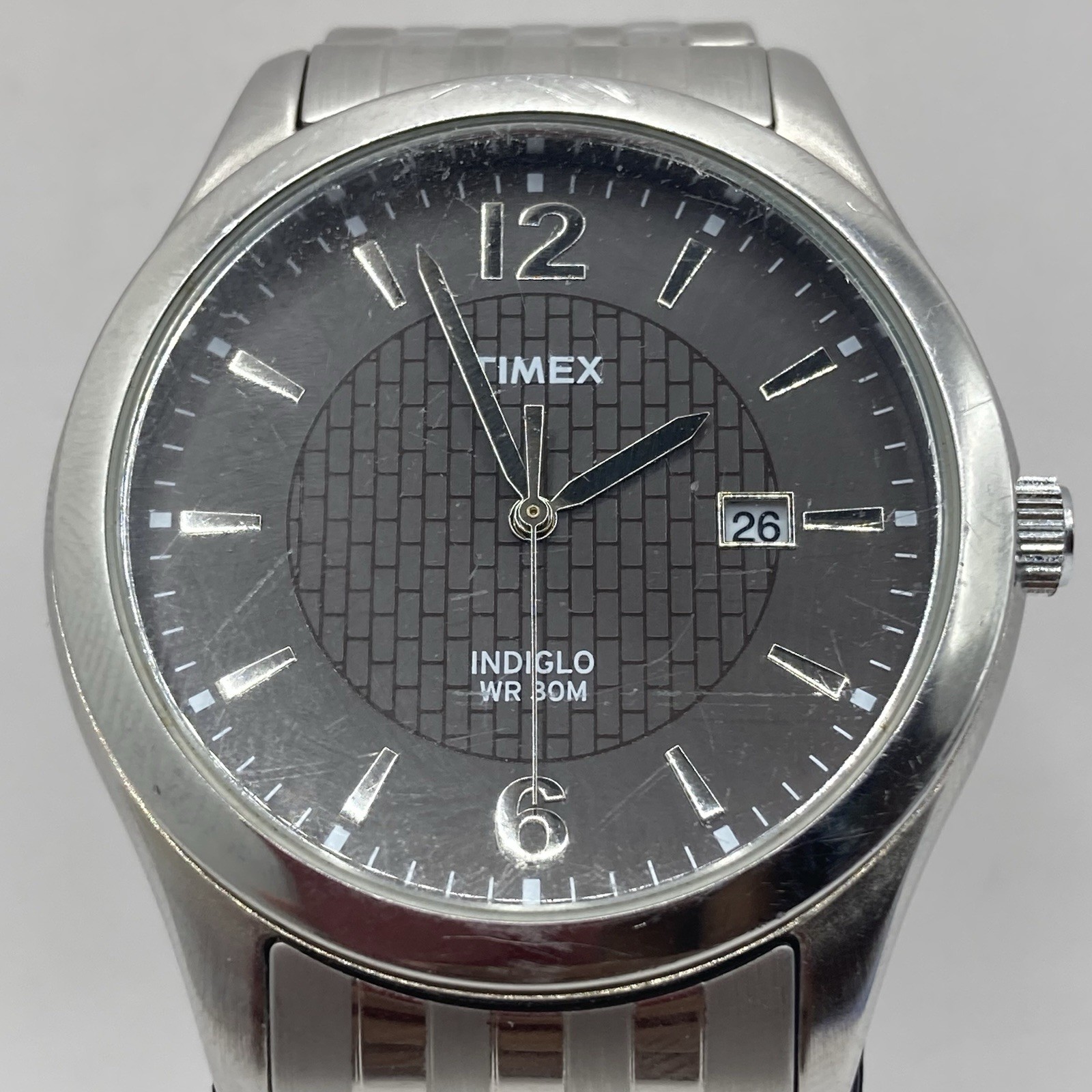 Timex Men’s T2N848 Indiglo Dress Watch Charcoal Gray Brick Dial Date 39mm Silver