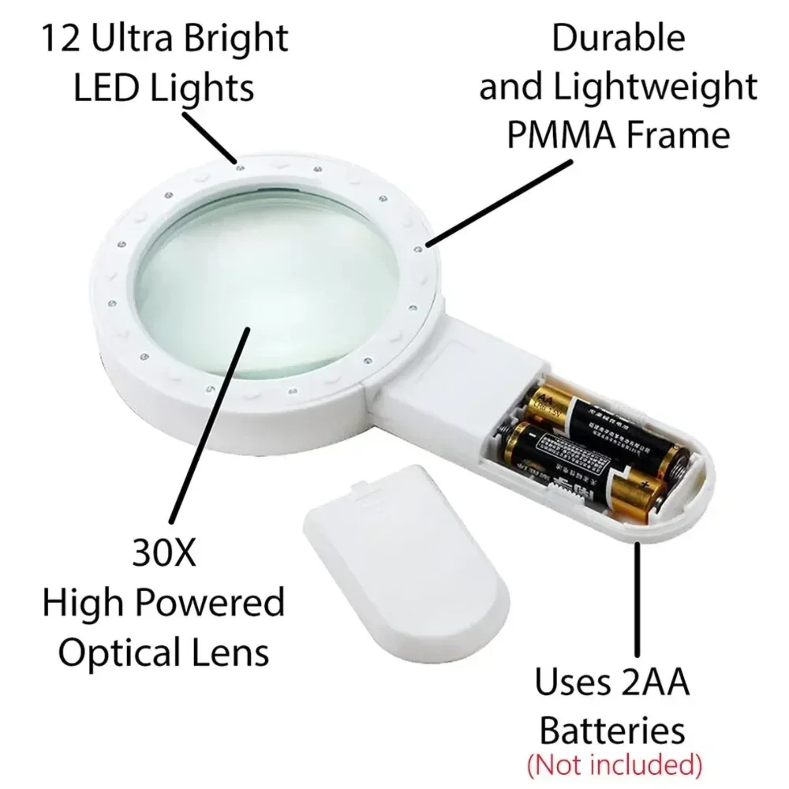 30X Jumbo Handheld Magnifying Glass w 12 Bright LED Light Illuminated Magnifier