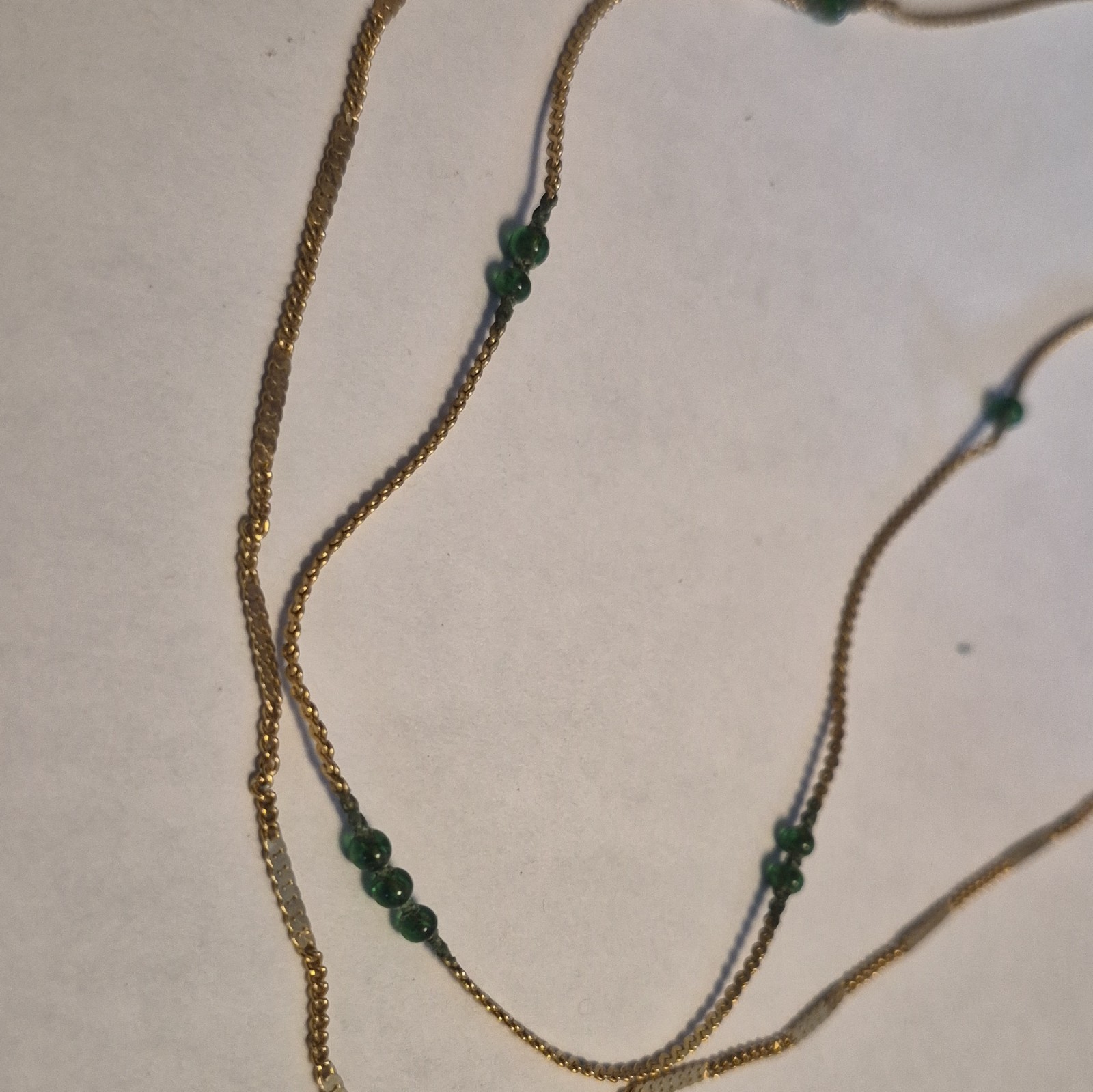 Vintage Tone Double Strand Layered Chain Necklace Green Round Bead Accents