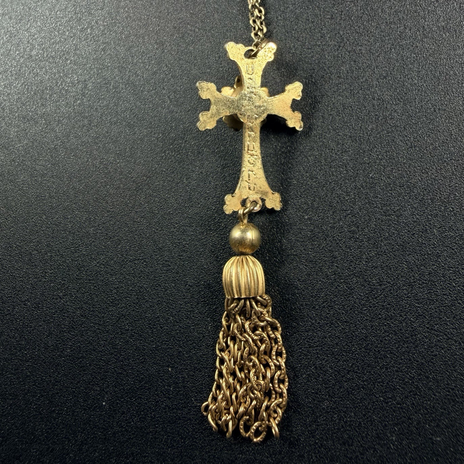 Vintage Tassel Cross Rose Ornate Necklace Pendant Gold Tone 16”