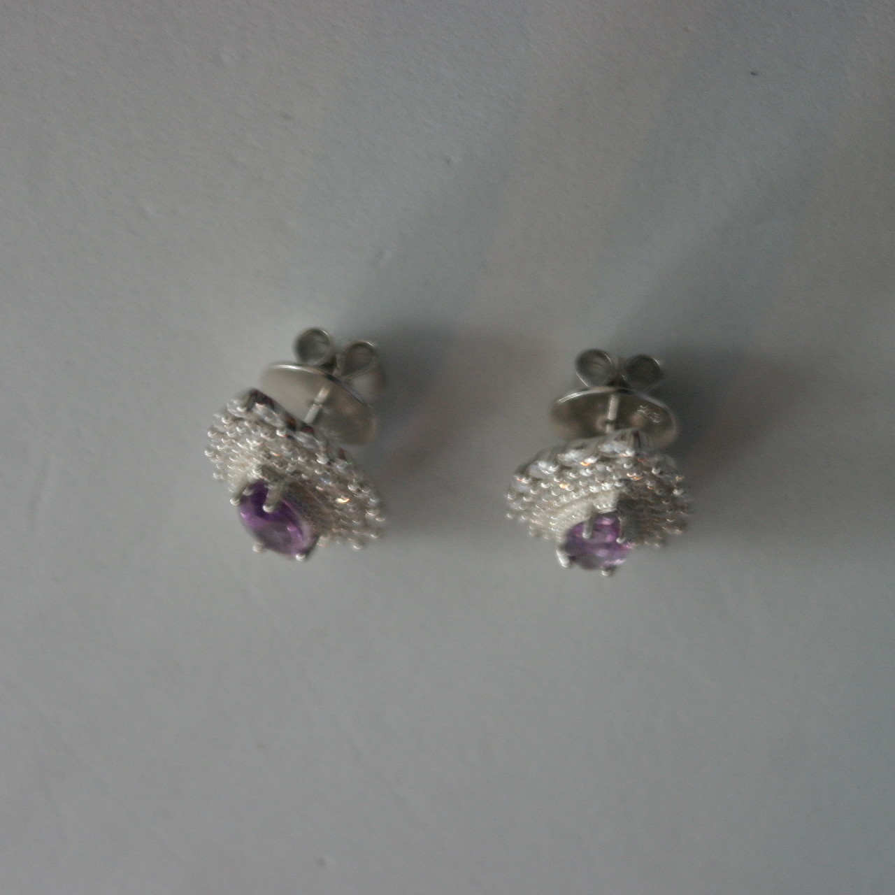IMPRESSIVE! NATURAL! 4 X 10 mm. PURPLE AMETHYST & WHITE CZ..925 SILVER EARRINGS