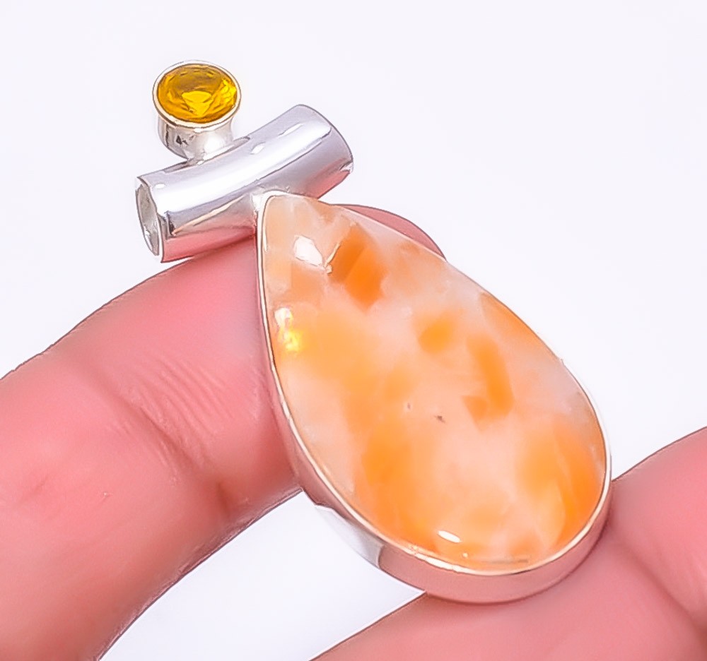 Orange Calcite, Citrine 925 Sterling Silver Pendant 1.64″ P14232, Christmas Gift