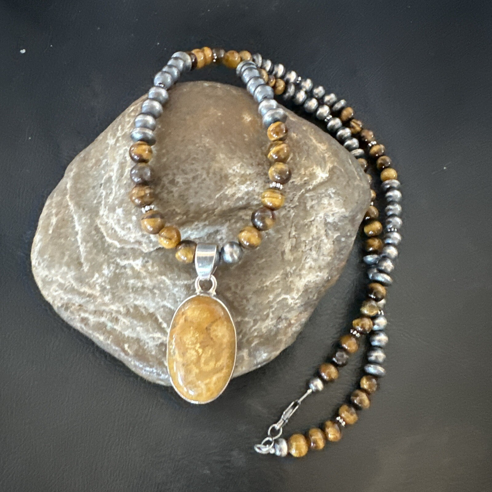 Coffee Brown Tigers Eye Sterling Silver Pendant Necklace Southwestern 18281