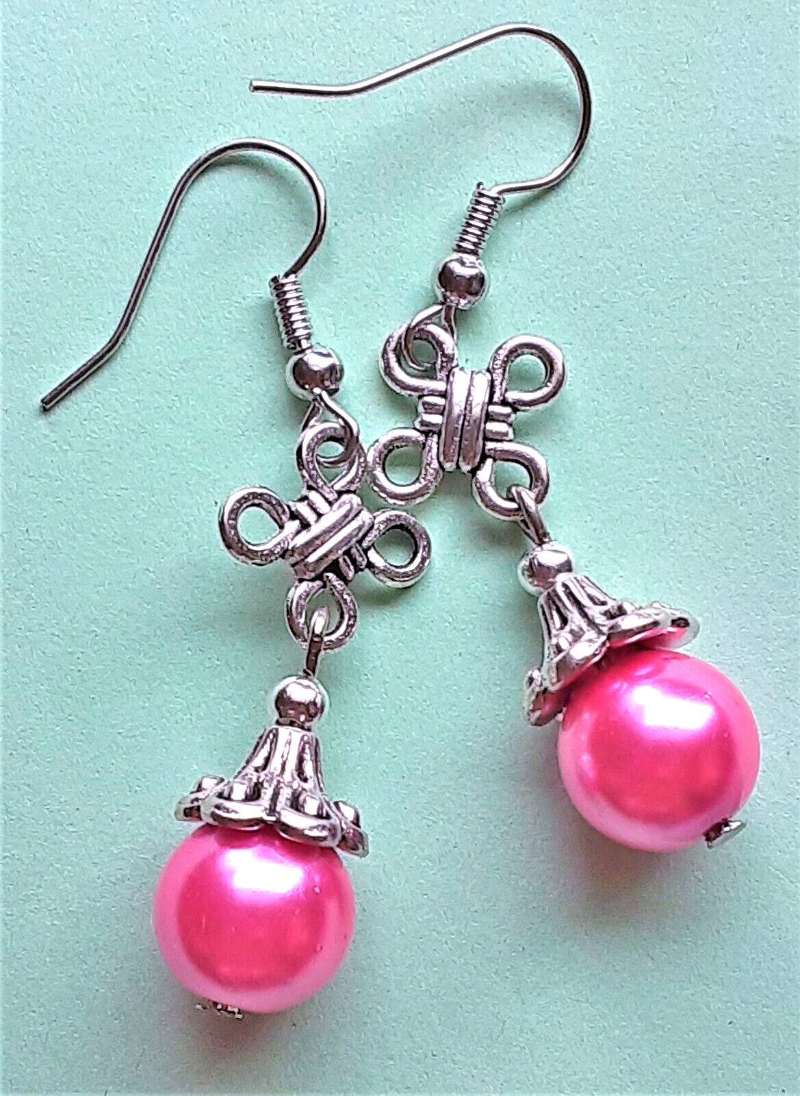 PINK CELTIC KNOT GLASS PEARL drop earring SP FISH hook WPGH15