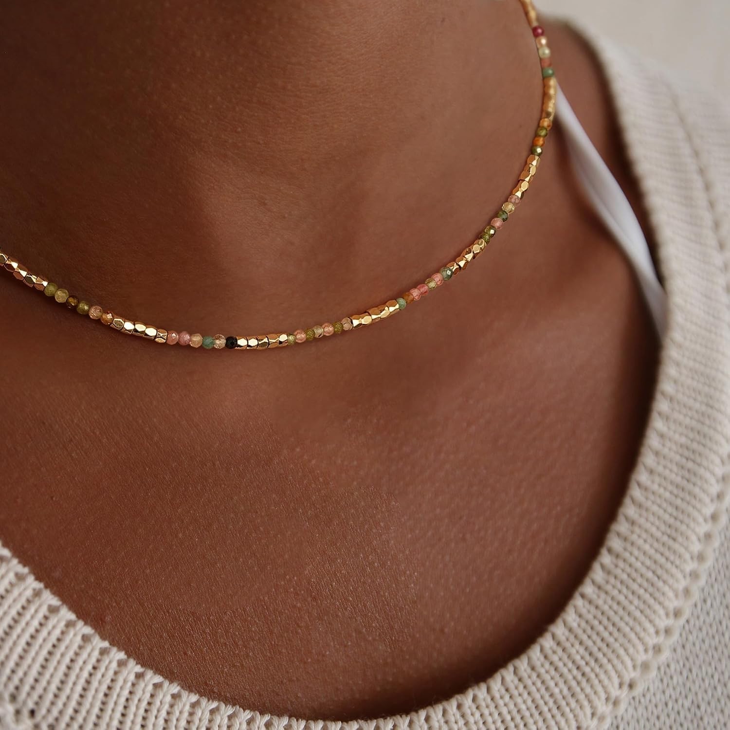 Trendy Handmade Gold Plated Choker – Dainty Tourmaline Bead Layering Necklace