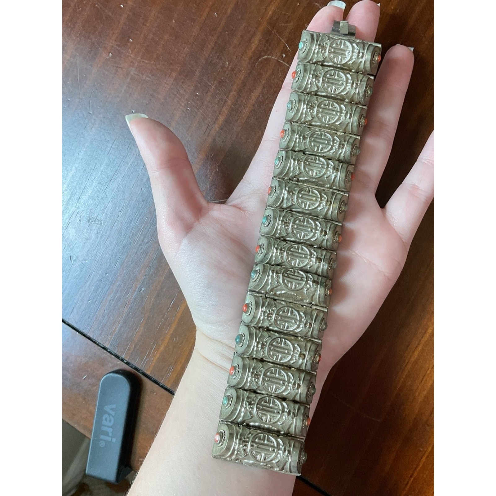 Vintage Chinese Export Silver Tone Asian Bracelet Cuff