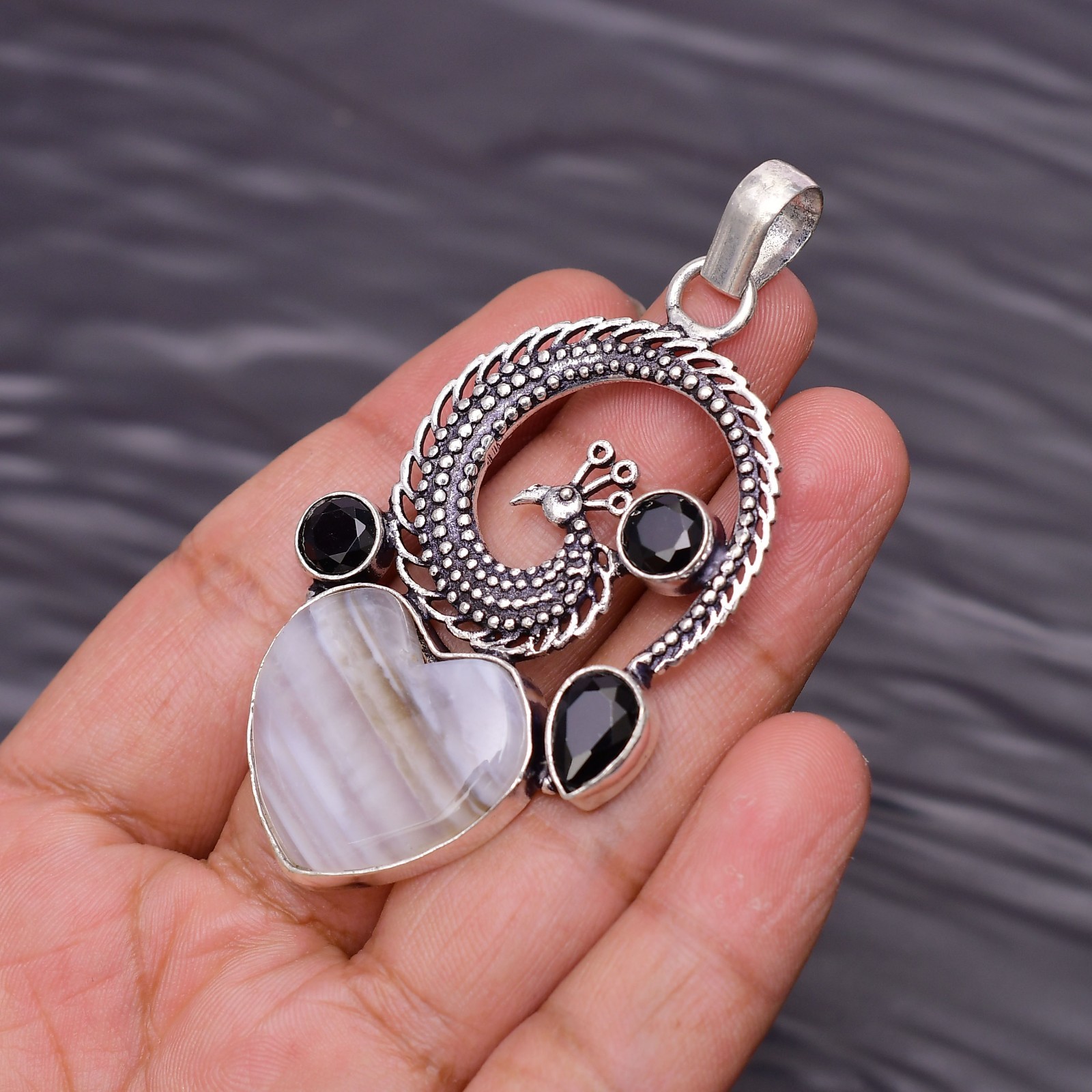 Banded Agate Gemstone 925 Sterling Silver Jewelry Pendant 2.67″