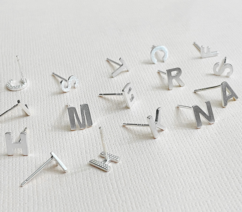 S925 Sterling Silver Satin Finish Alphabet Letter Initial Stud Earrings