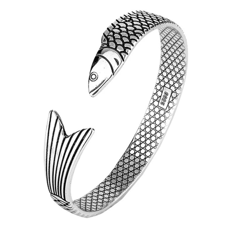 925 Sterling Silver Dragon Fish Bracelet Lucky Fortune Adjustable Bangle Gift