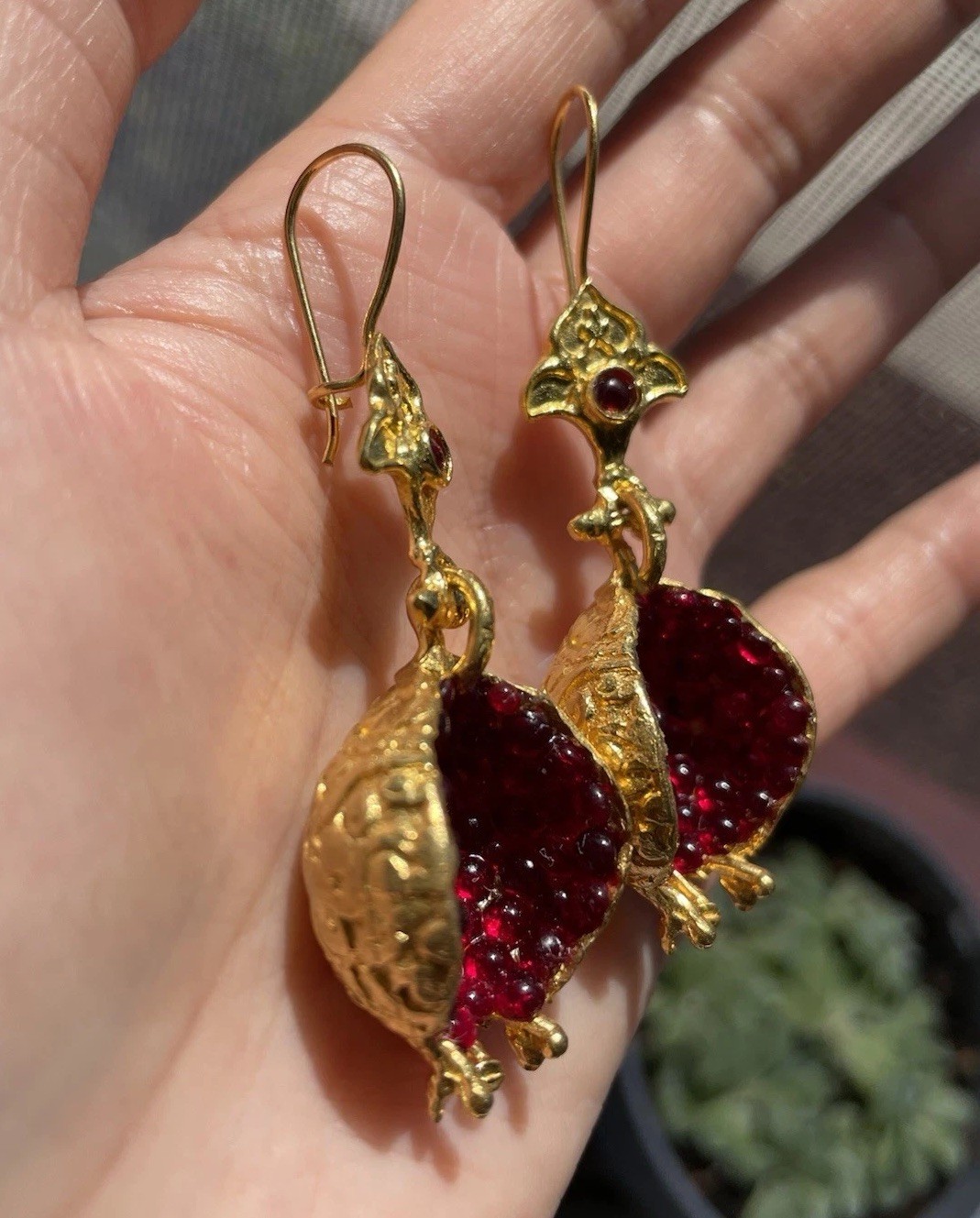 Gold Plated Copper Pomegranate Drop Earrings Red Seed Statement