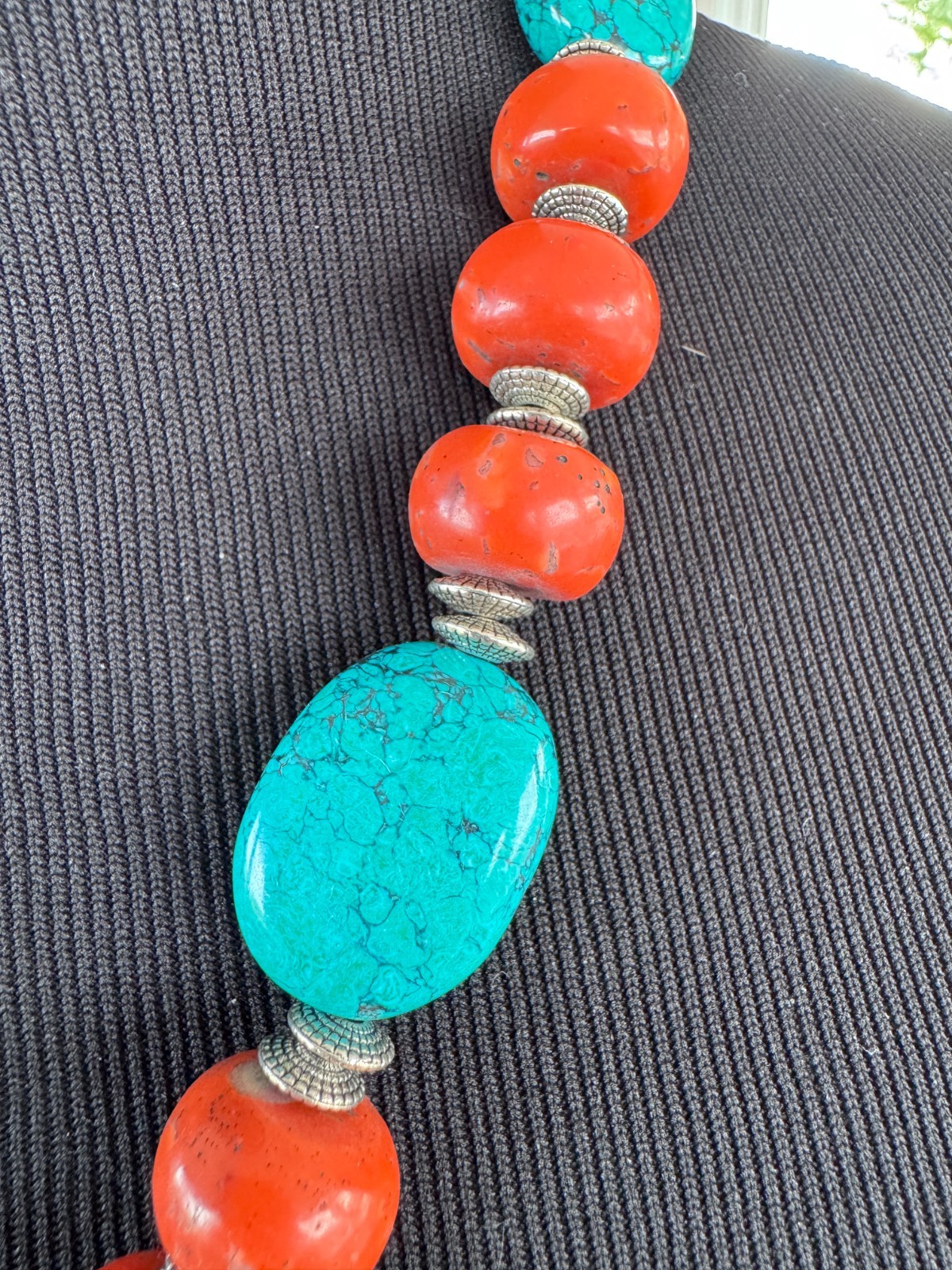 Silver Garuda pendant strung with natural coral and turquoise