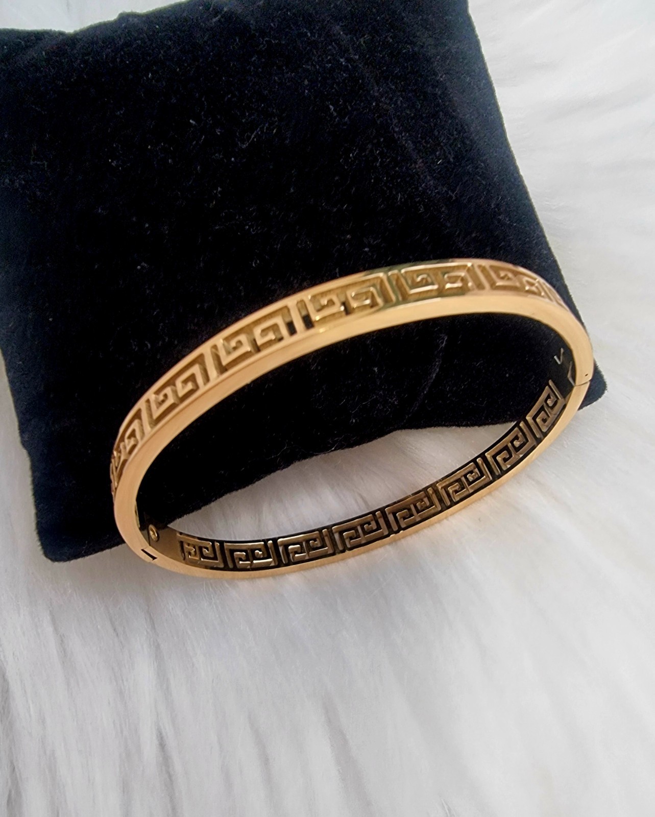 Stainless Steel Bangle Tarnish Free Greek Key Design Gold Plated Bracelet