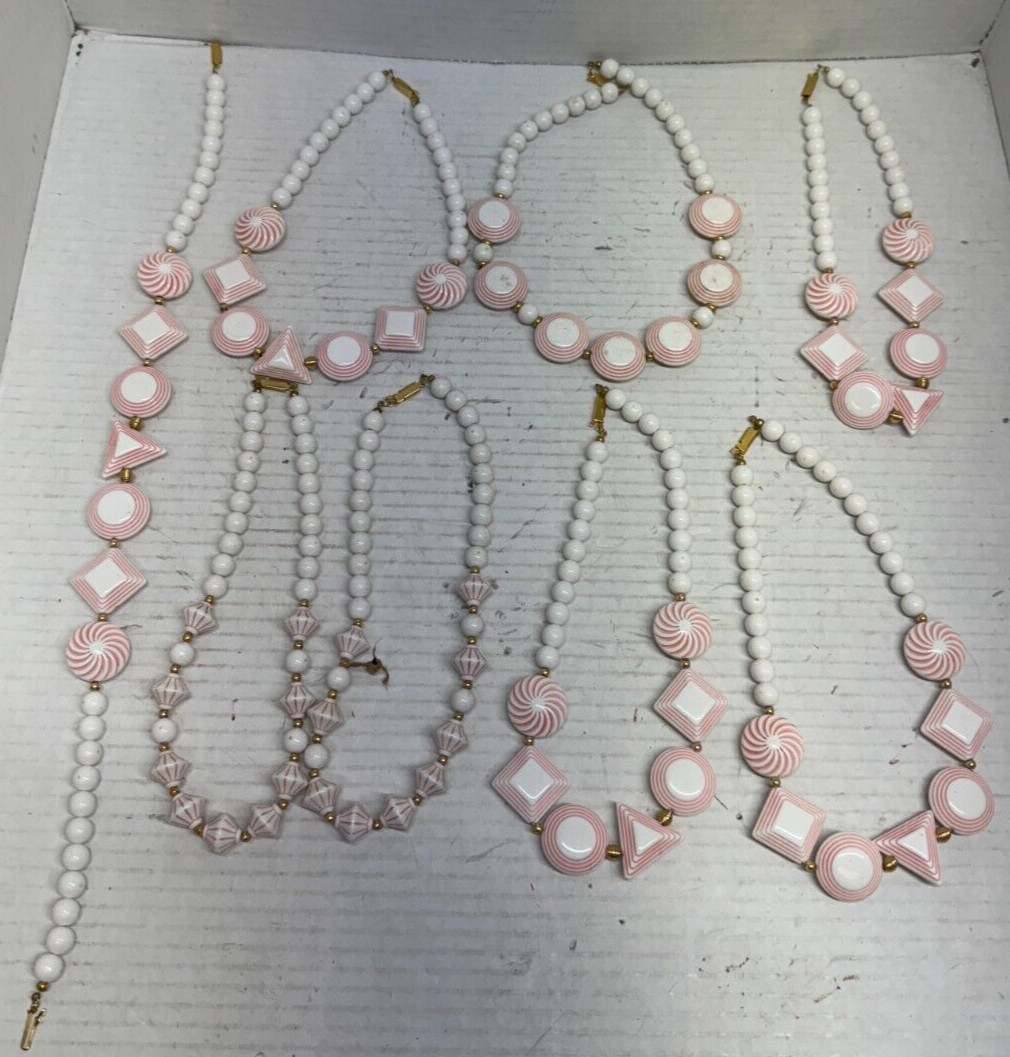 Vintage Art Deco Acrylic Necklace 18″ JEWELRY LOT White Pink Beige Costume 8X