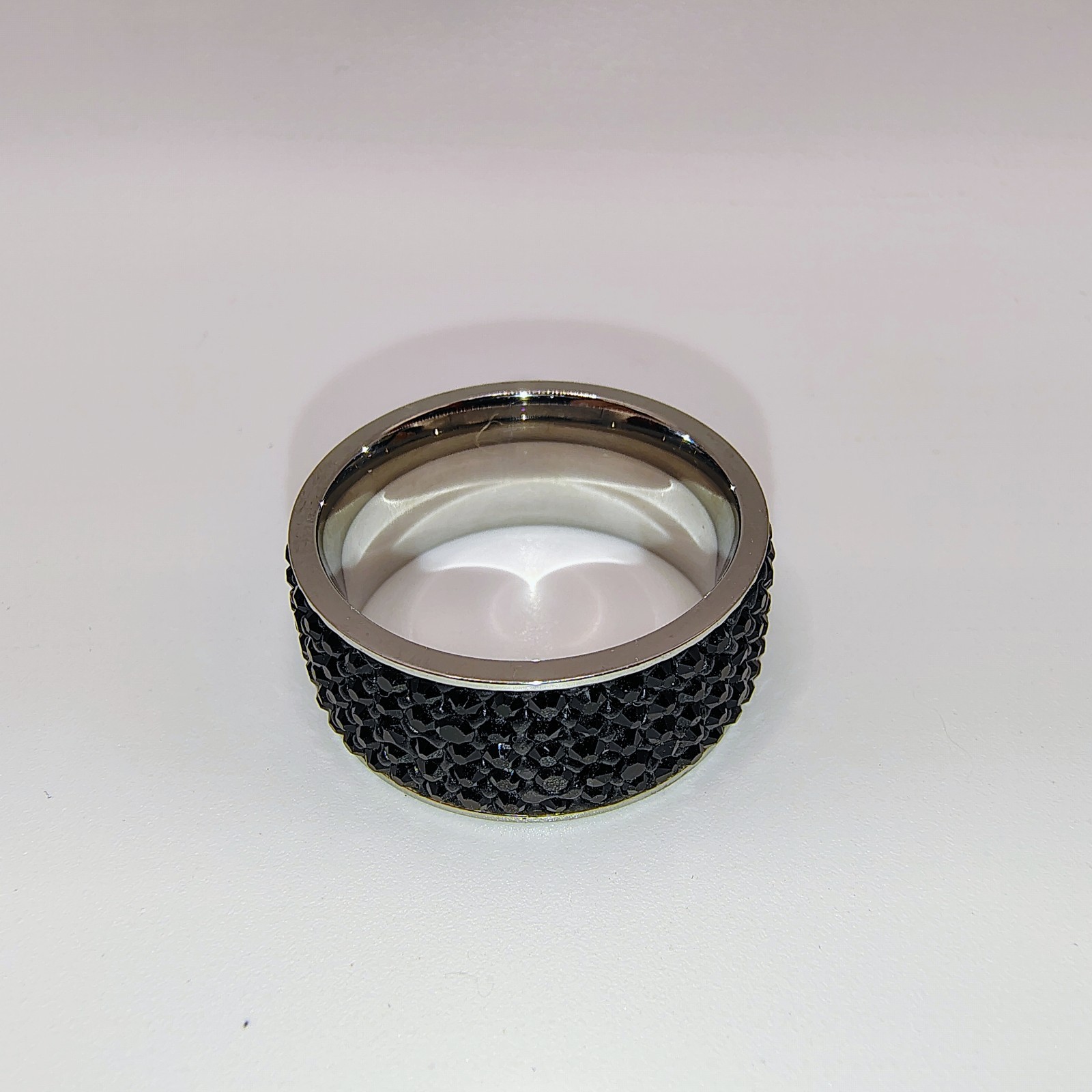 Black Crystal Pave Stainless Steel Band Ring Wide Sparkle Fashion Size 10.5