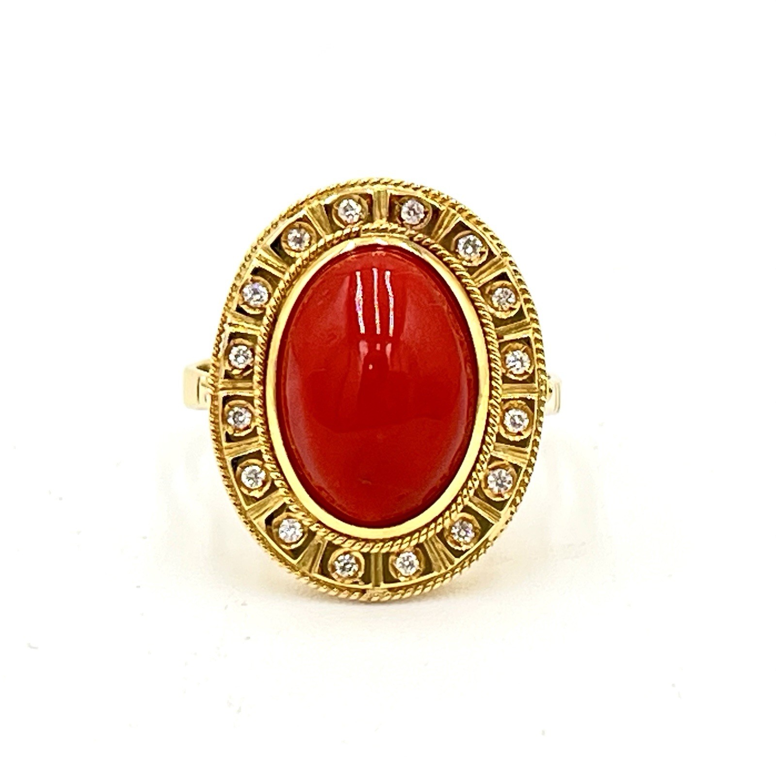 18Kt Gold Red Coral Mediterranean Natural Diamonds Cabochon Ring 14x10mm