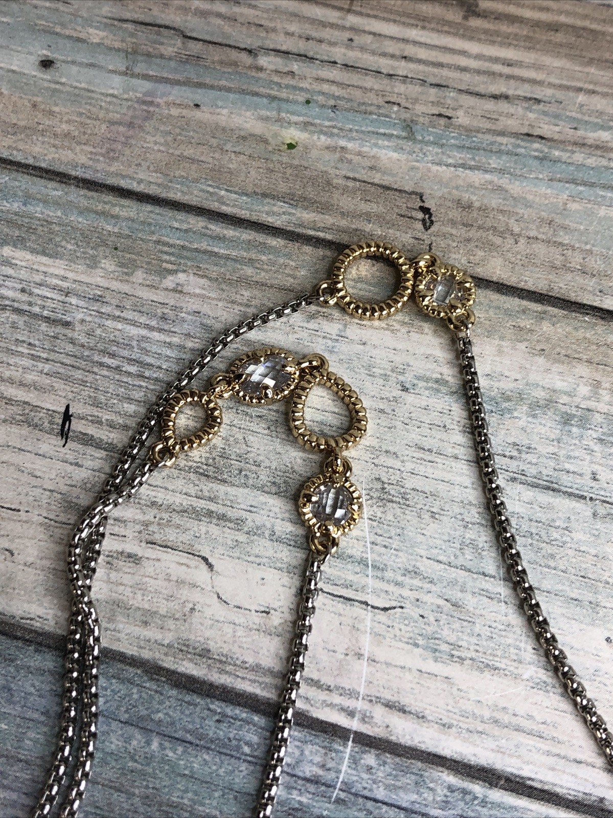 Silver Gold Tone 36″ Chain Necklace Clear Crystals NWOT
