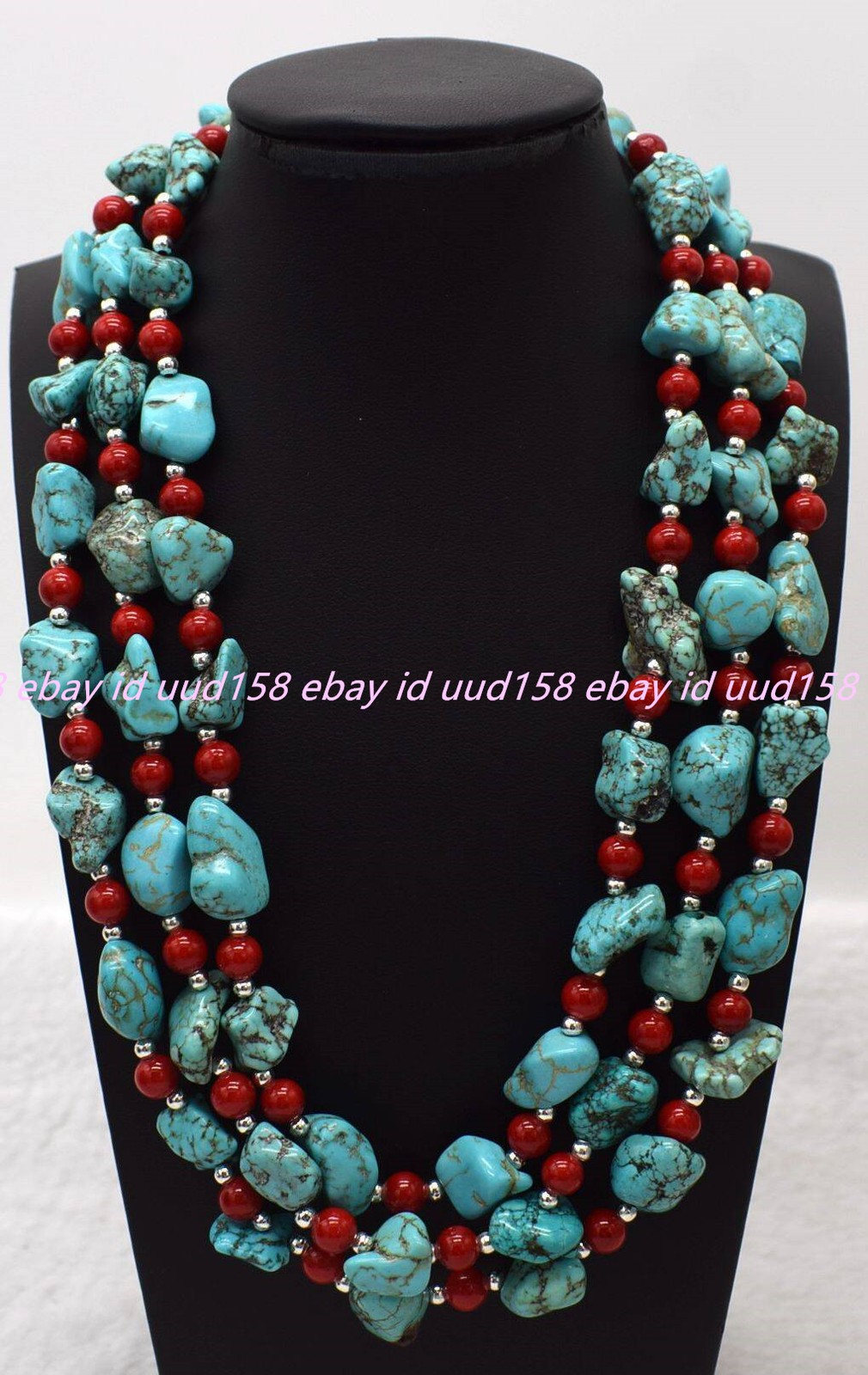 New Natural Pretty 10-14mm 3-Row Blue Turquoise Red Coral Gems Necklace 17-19in