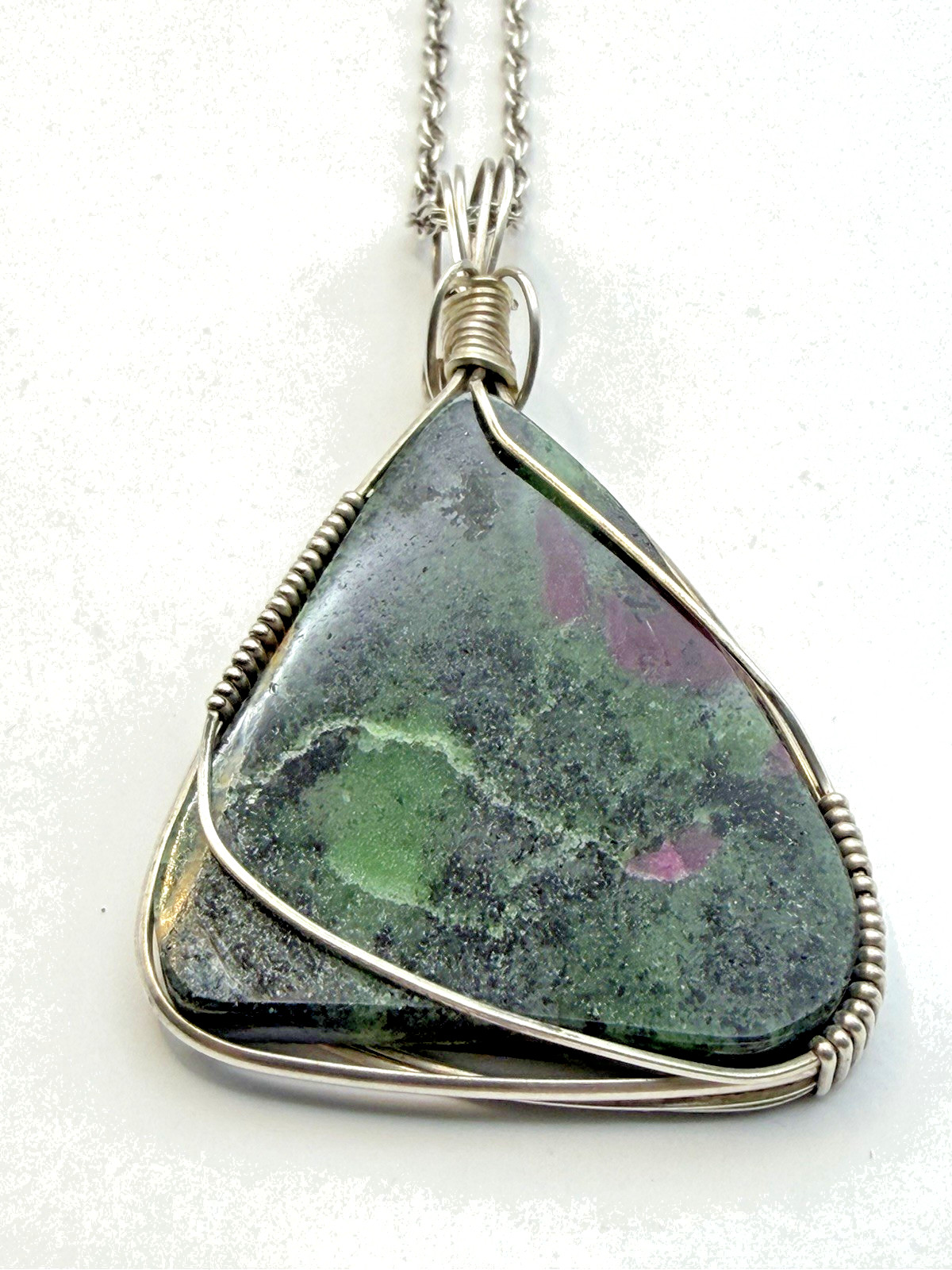 Sterling Silver and Natural Ruby Zoisite Gemstone Artisan Pendant & Necklace