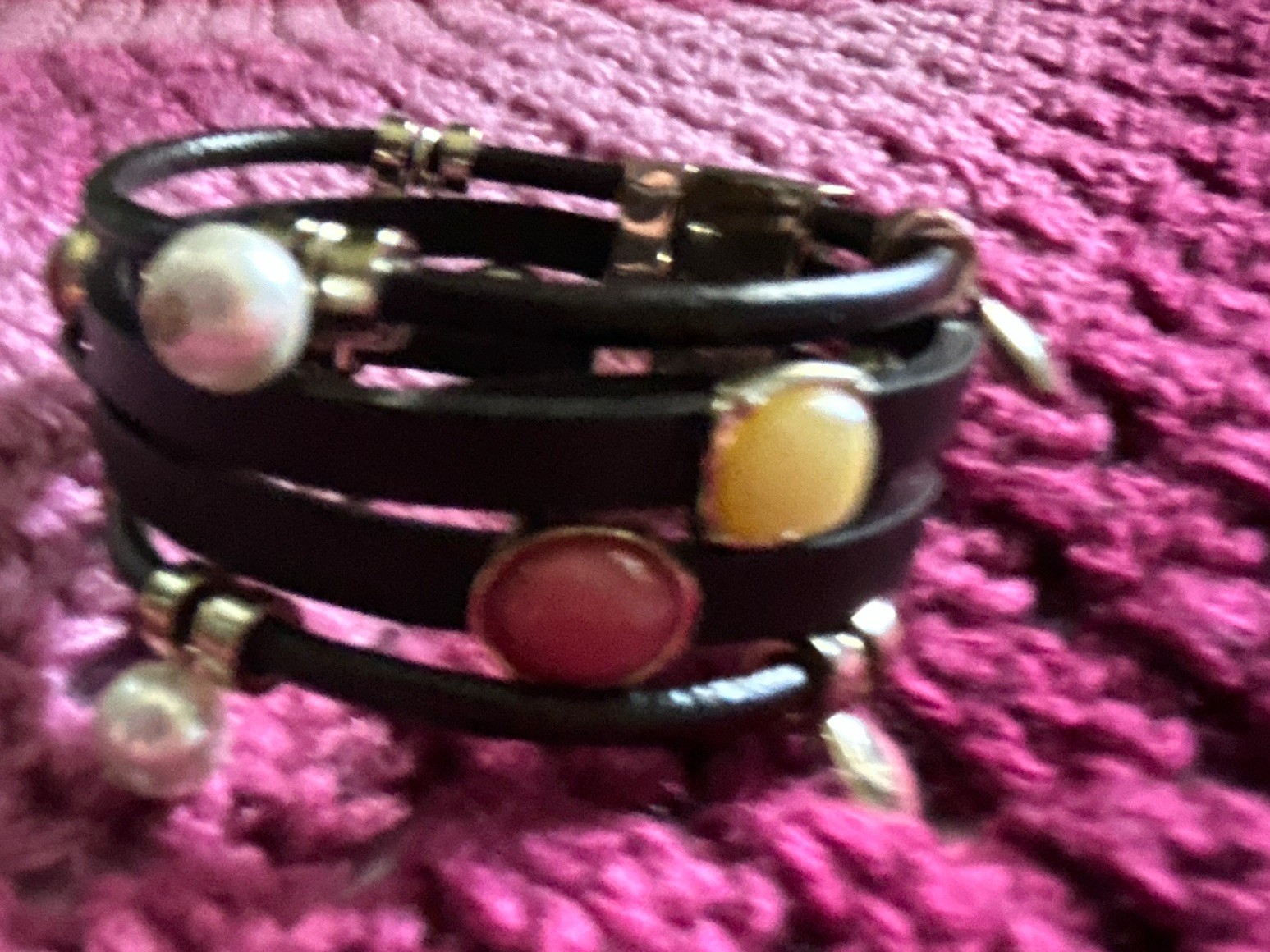 Multi-Strand Leather Cord Glass Bead Charm Bracelet, Brown/Multicolor
