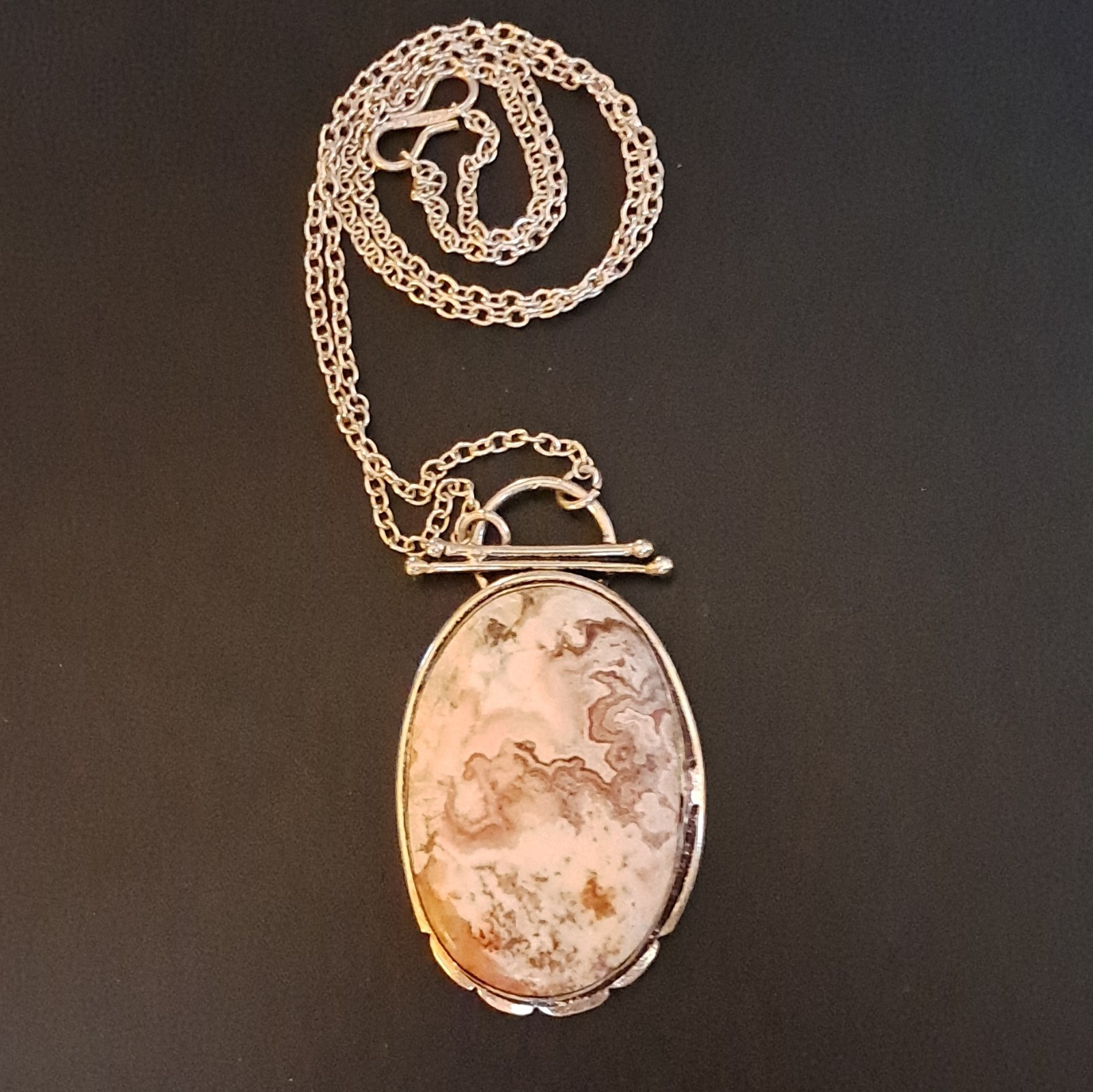925 Sterling Oval Crazy Lace Agate Pendant Necklace, Cable Chain, Hook Closure
