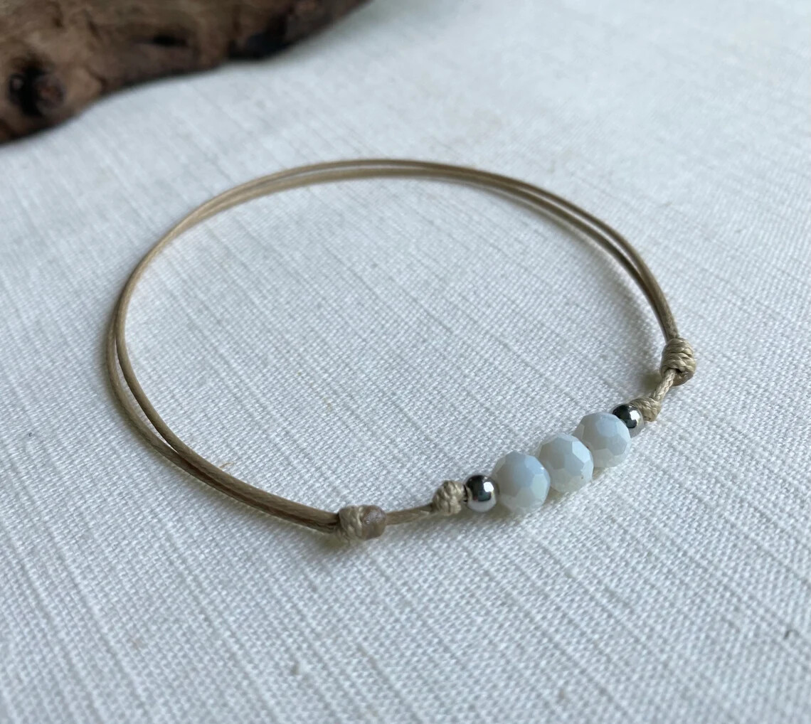 White Faceted Glass Bead Tan Durable Cord Women’s Anklet or Bracelet Adjustab