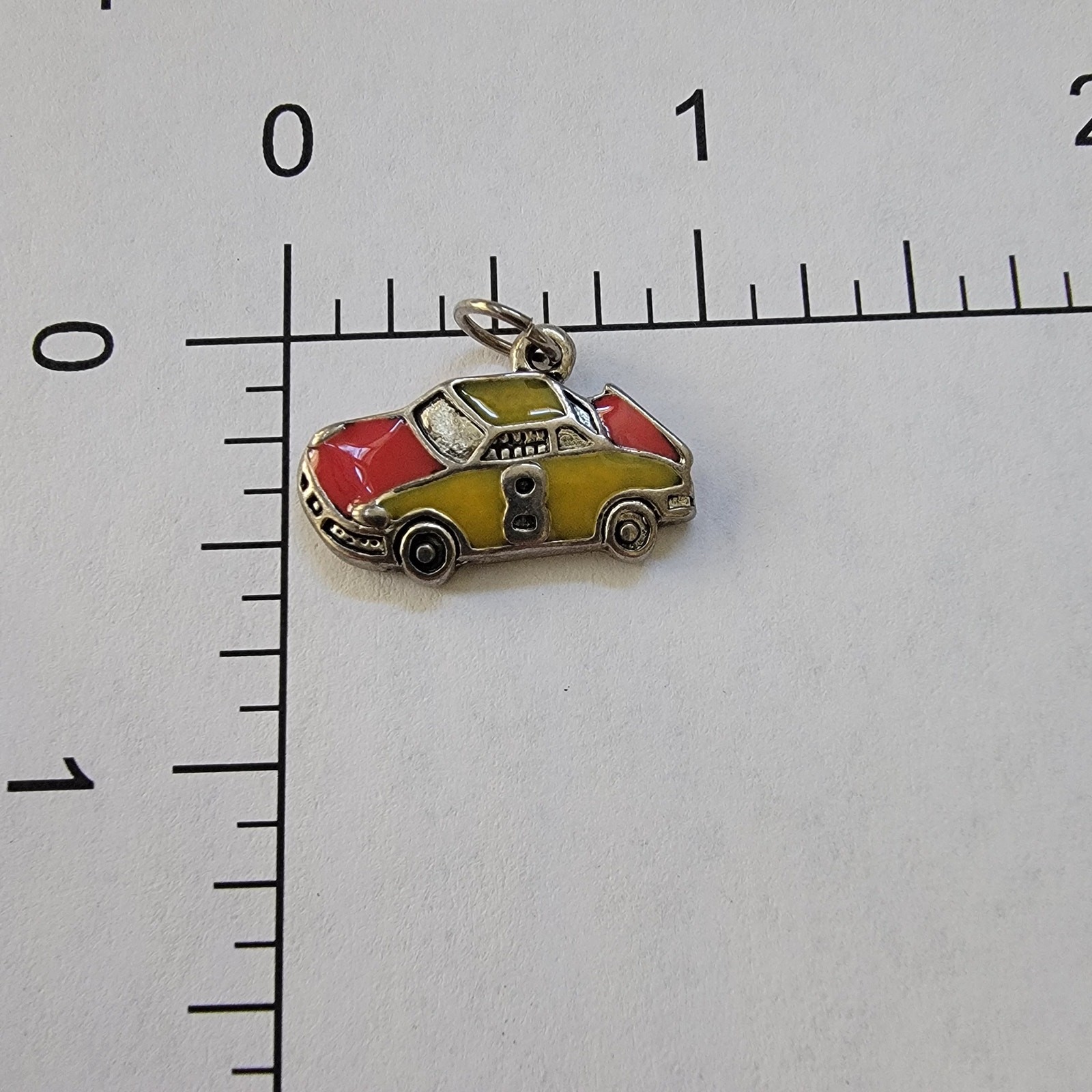 Vintage Charm Enamel Race Car Pendant Yellow Red 8 Silver Tone Sports Coupe Toy