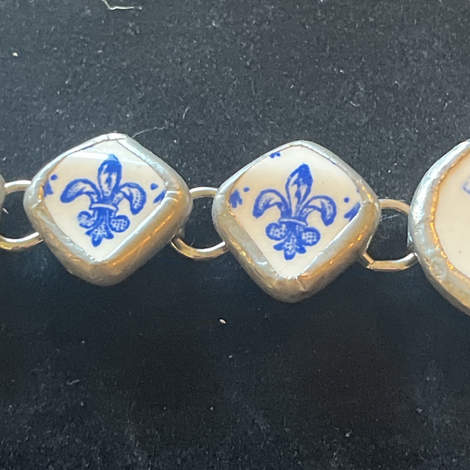 Vtg Spode Fleur De Lis Copeland Bracelet Sterling Silver Ceramic Blue White Rare