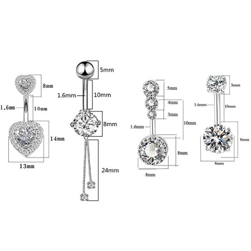 4Pcs/Set Belly Button Rings Stainless Steel Clear CZ Navel Curved Barbell 14G