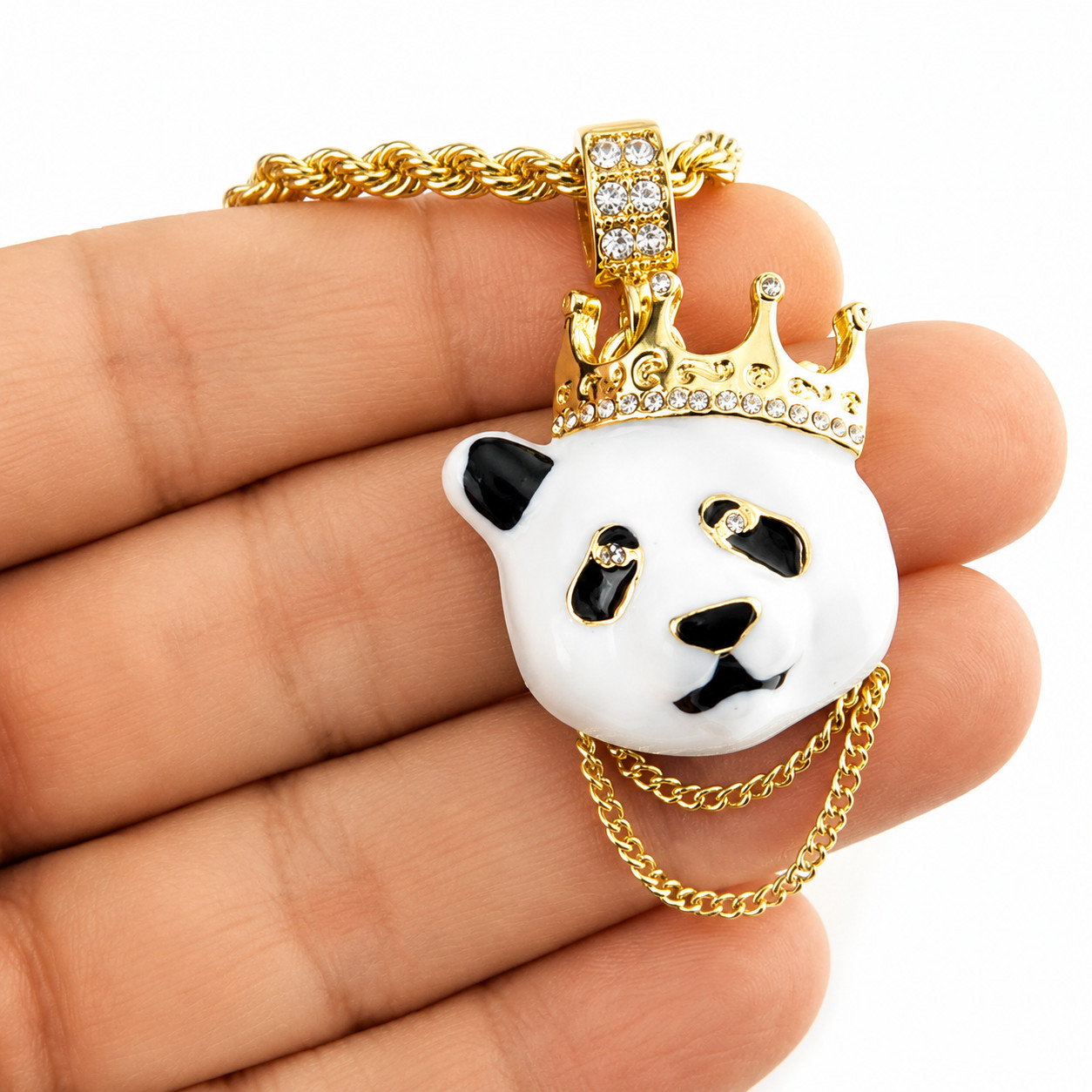Crown Panda Bear Pendant Necklace 14K Gold Plated CZ Iced Out Hip Hop Jewelry