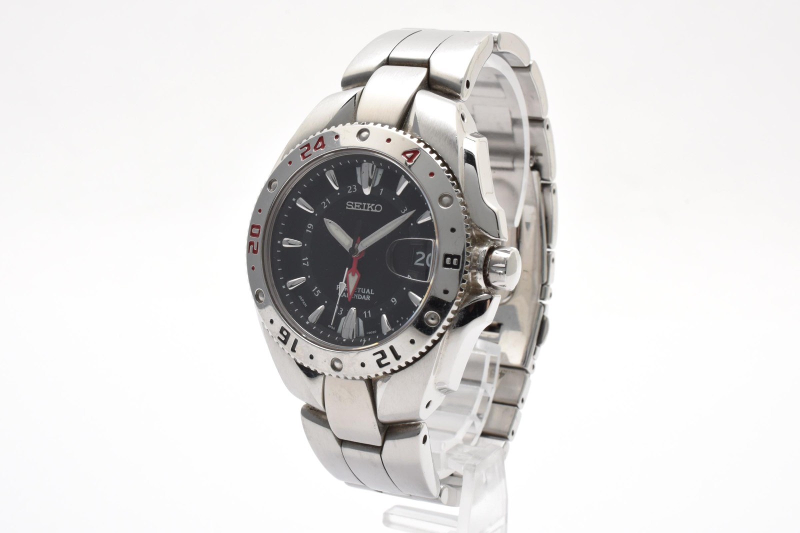 [Exc+5]SEIKO Perpetual Calendar GMT 8F56-002A Quartz Black Dial Mens Watch JAPAN