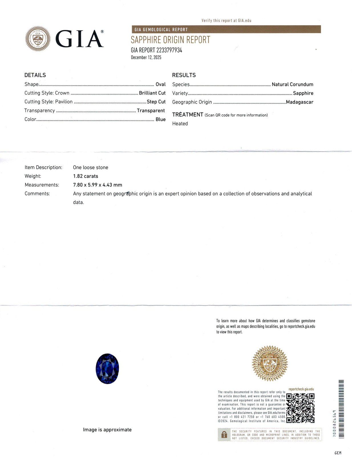 GIA 1.82ct Oval Step Cut Blue Heated Madagascar Sapphire