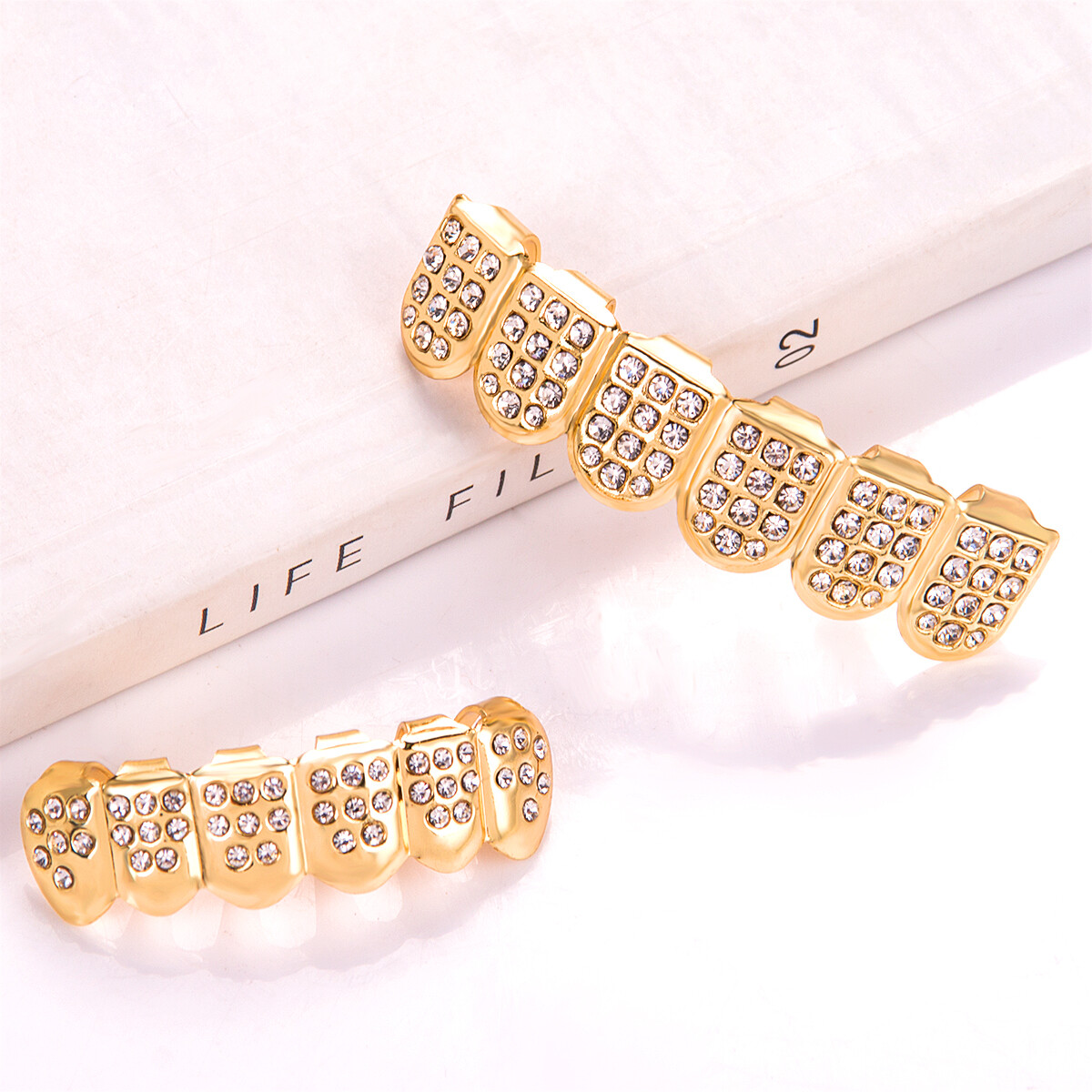 18K Gold/Silver/Black Plated Hip Hop Teeth Grillz Top Bottom Mouth Diamond Grill